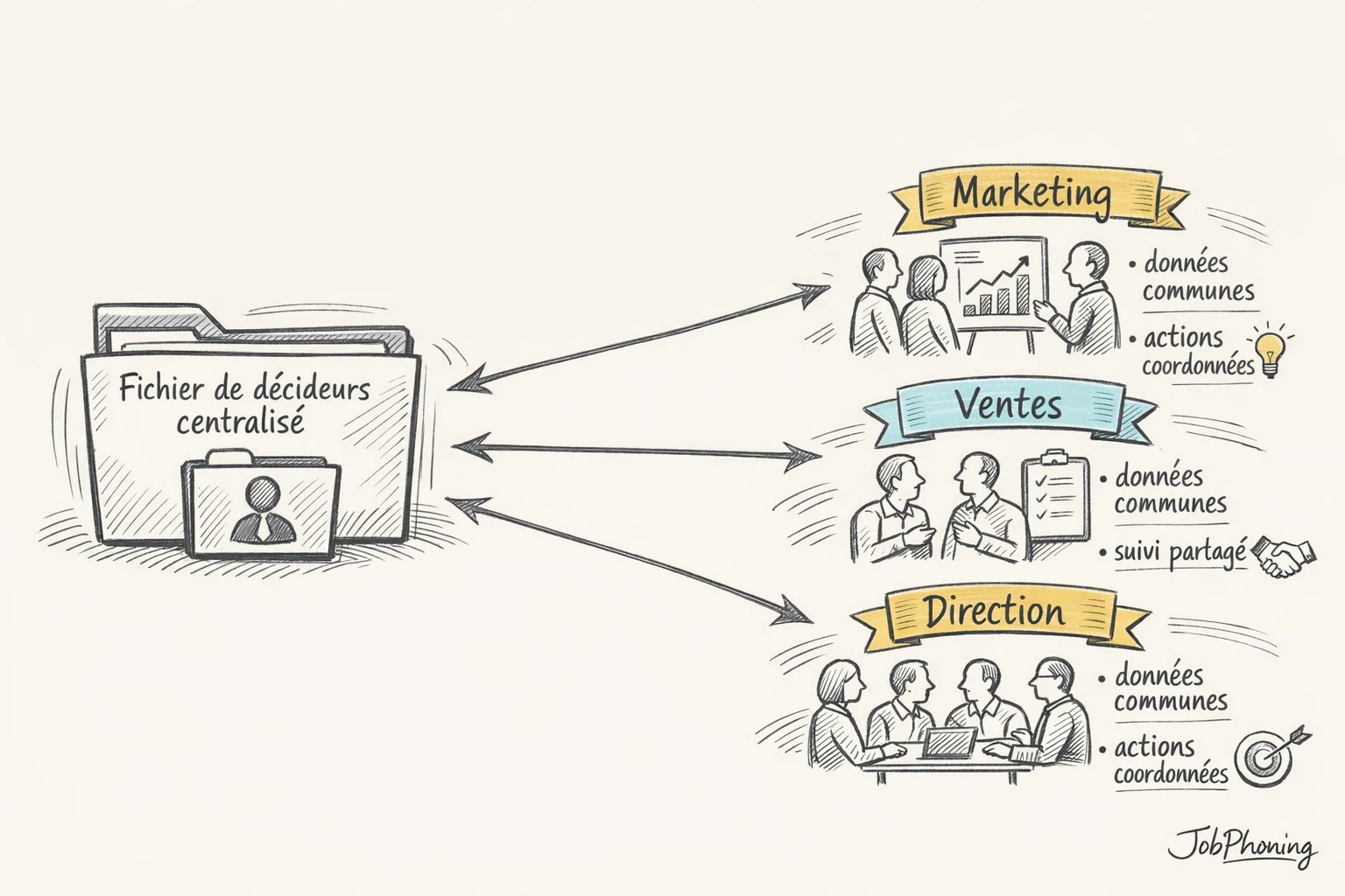 Schéma représentant un référentiel commun B2B via un noyau central relié à trois équipes.