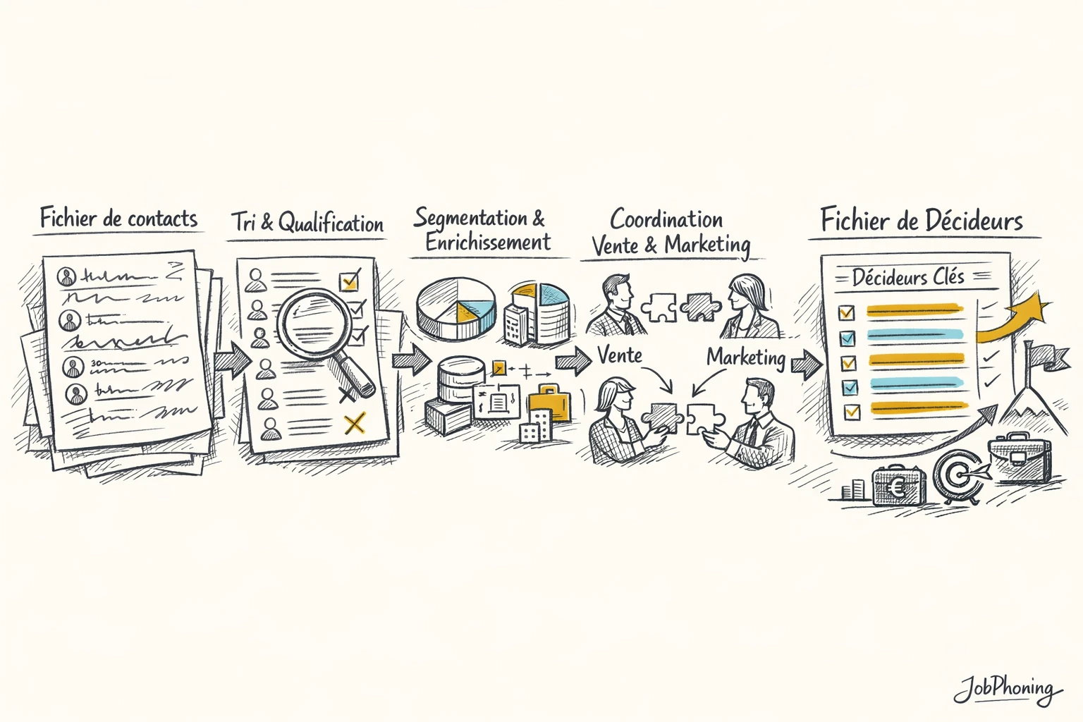 Schéma représentant la gestion d’un fichier de décideurs via un flux de blocs reliés et