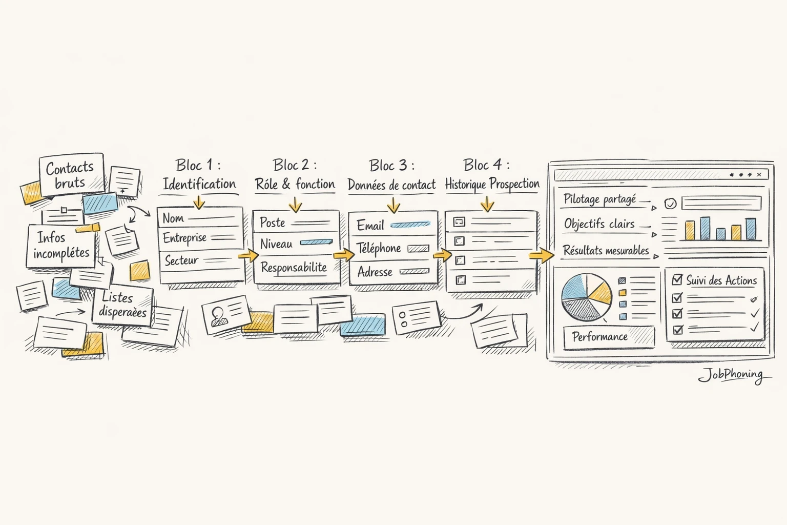 Schéma représentant la structuration d’un fichier décideurs via blocs de données reliés, flèches séquentielles et