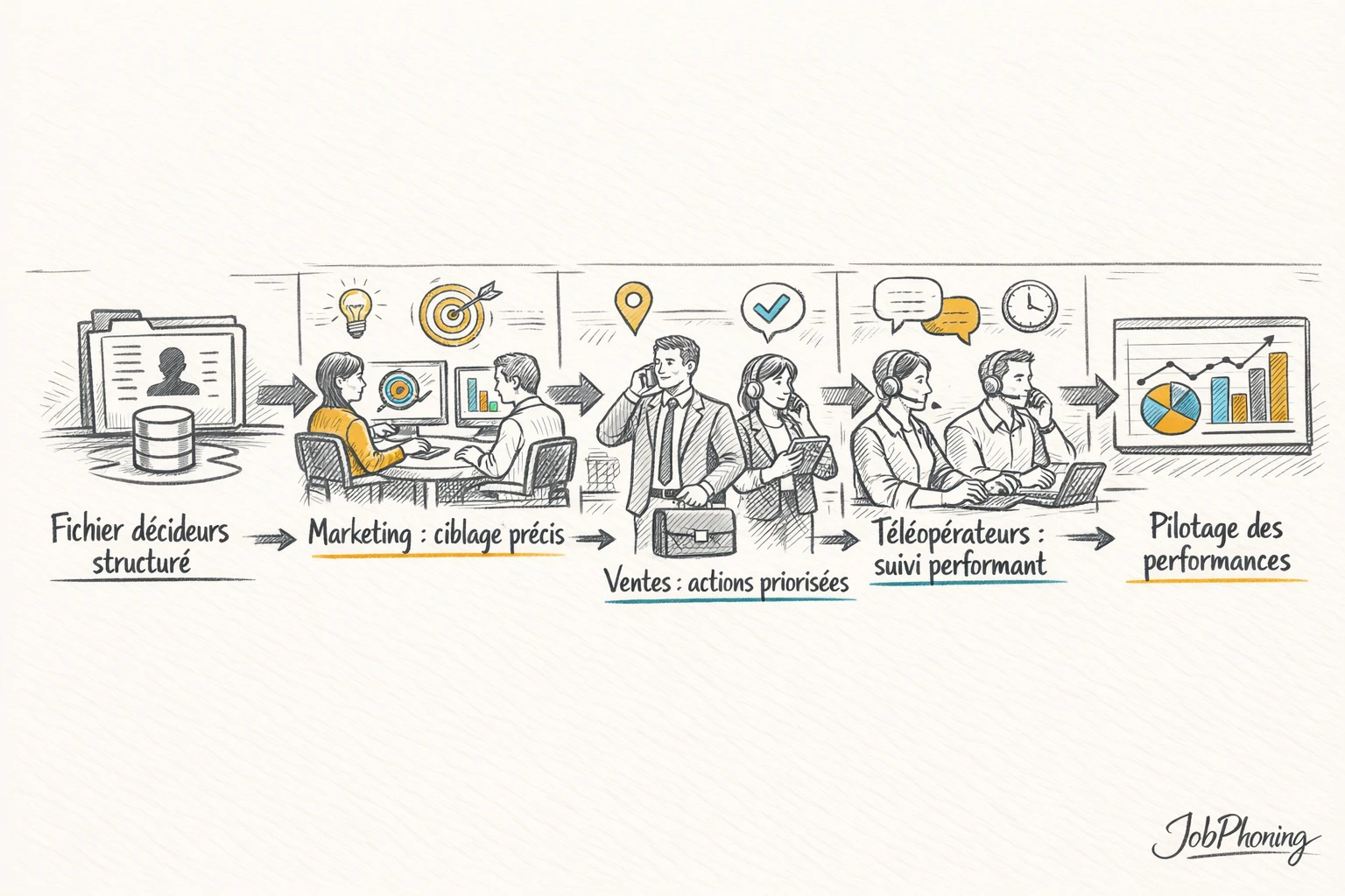 Infographie représentant une base de décideurs centralisée via un cylindre connecté à divers blocs marketing