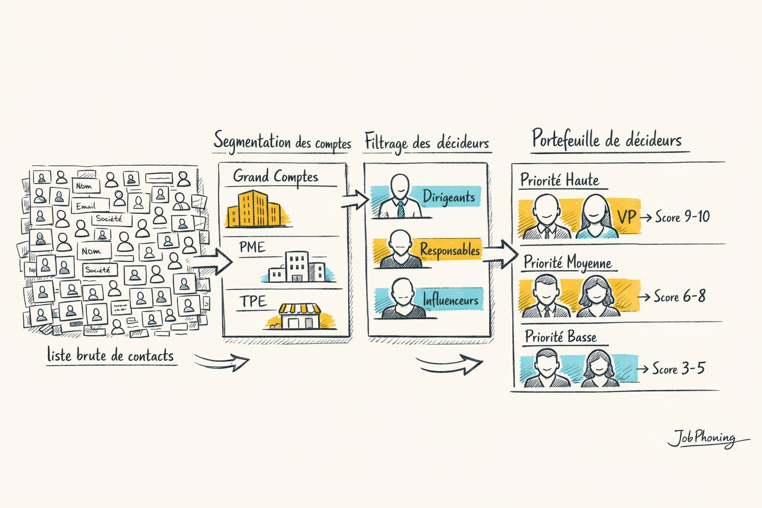 Schéma représentant un processus de ciblage B2B via blocs connectés illustrant comptes, décideurs et priorisation.