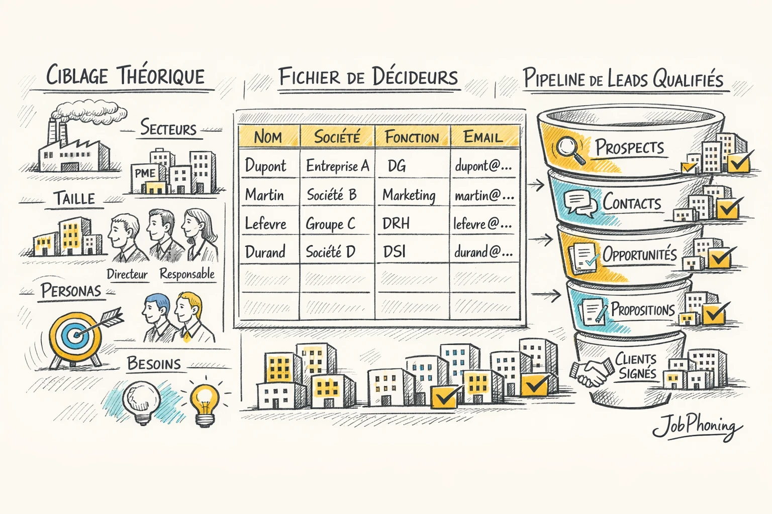 Infographie représentant la transformation du ciblage en leads qualifiés via cylindres centraux et blocs connectés.