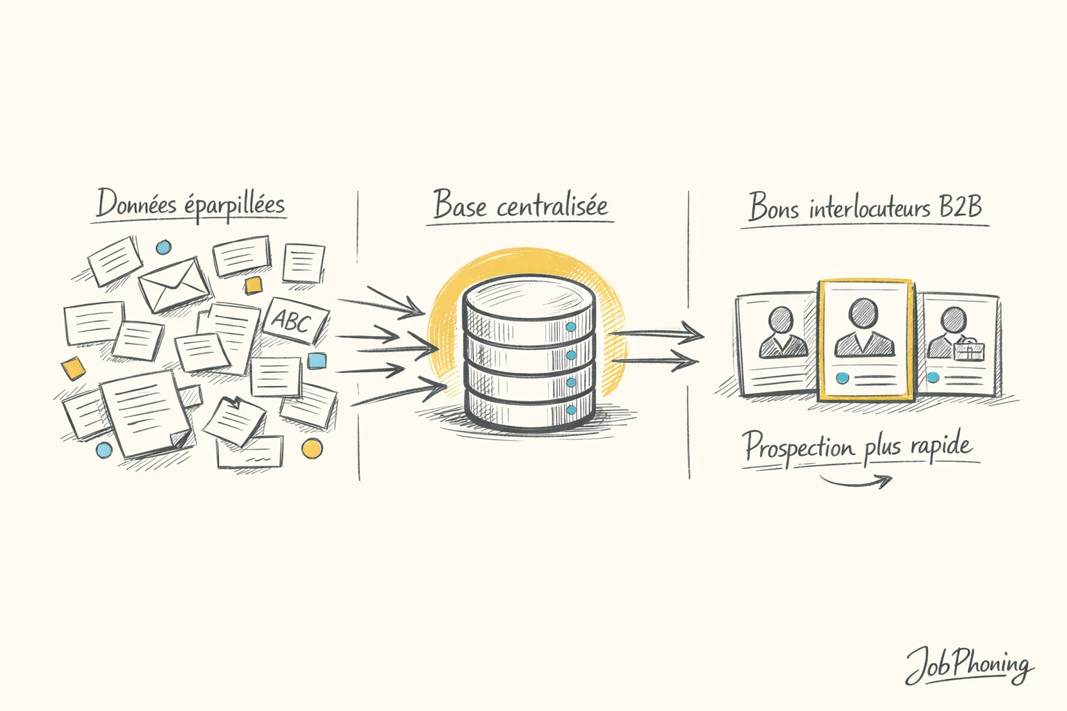 Infographie représentant l’accès aux décideurs via nœuds dispersés convergeant vers un hub central structuré.