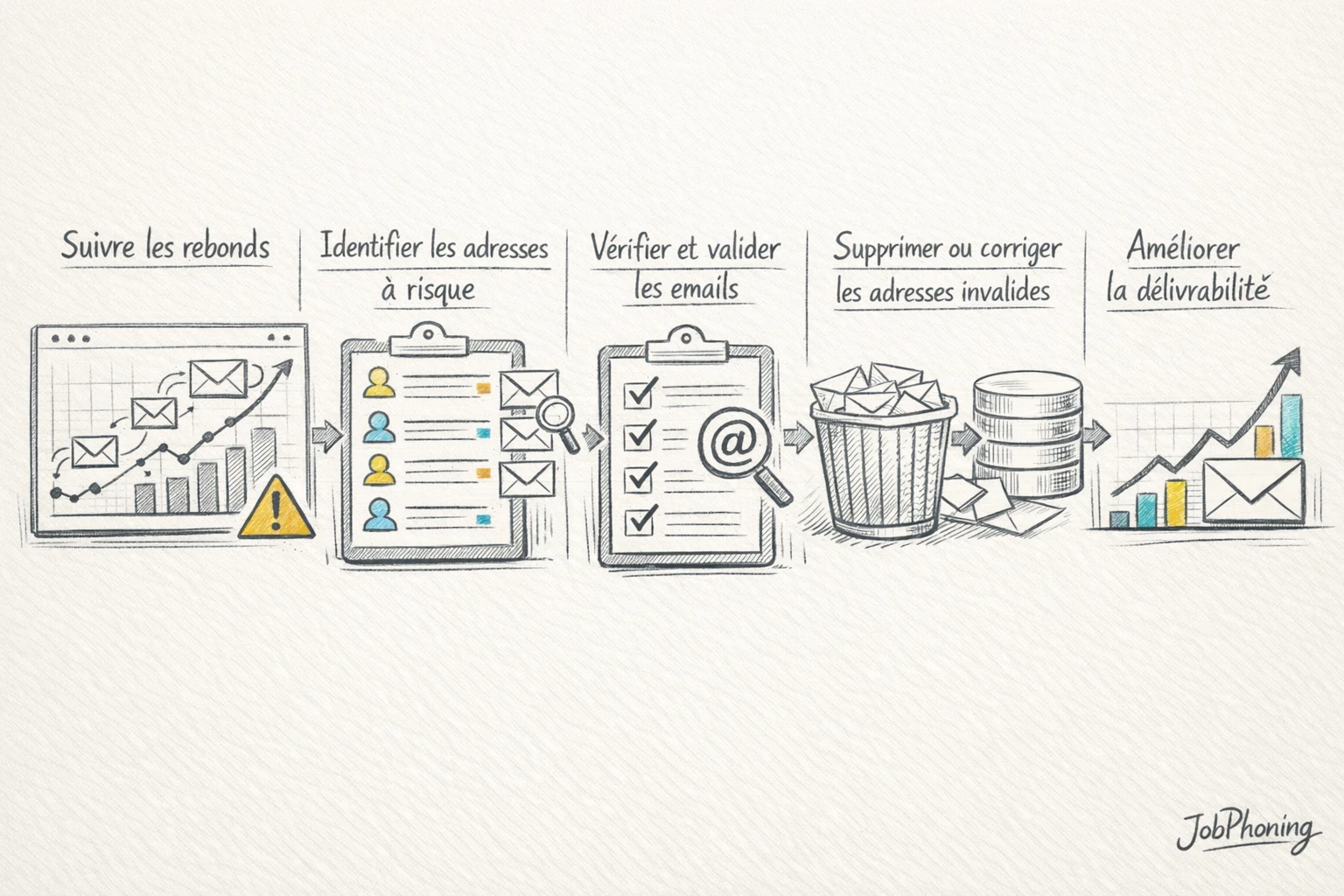 Schéma représentant un processus de gestion des rebonds via flèches, blocs et base d’emails stylisée.