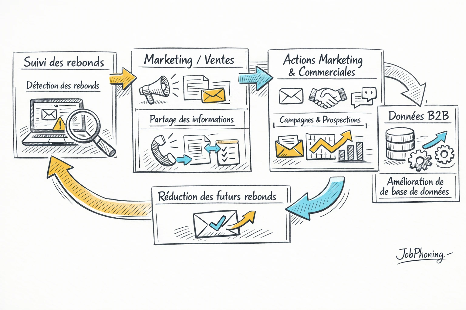 Infographie représentant l’intégration des rebonds email via un hub central relié à plusieurs blocs marketing