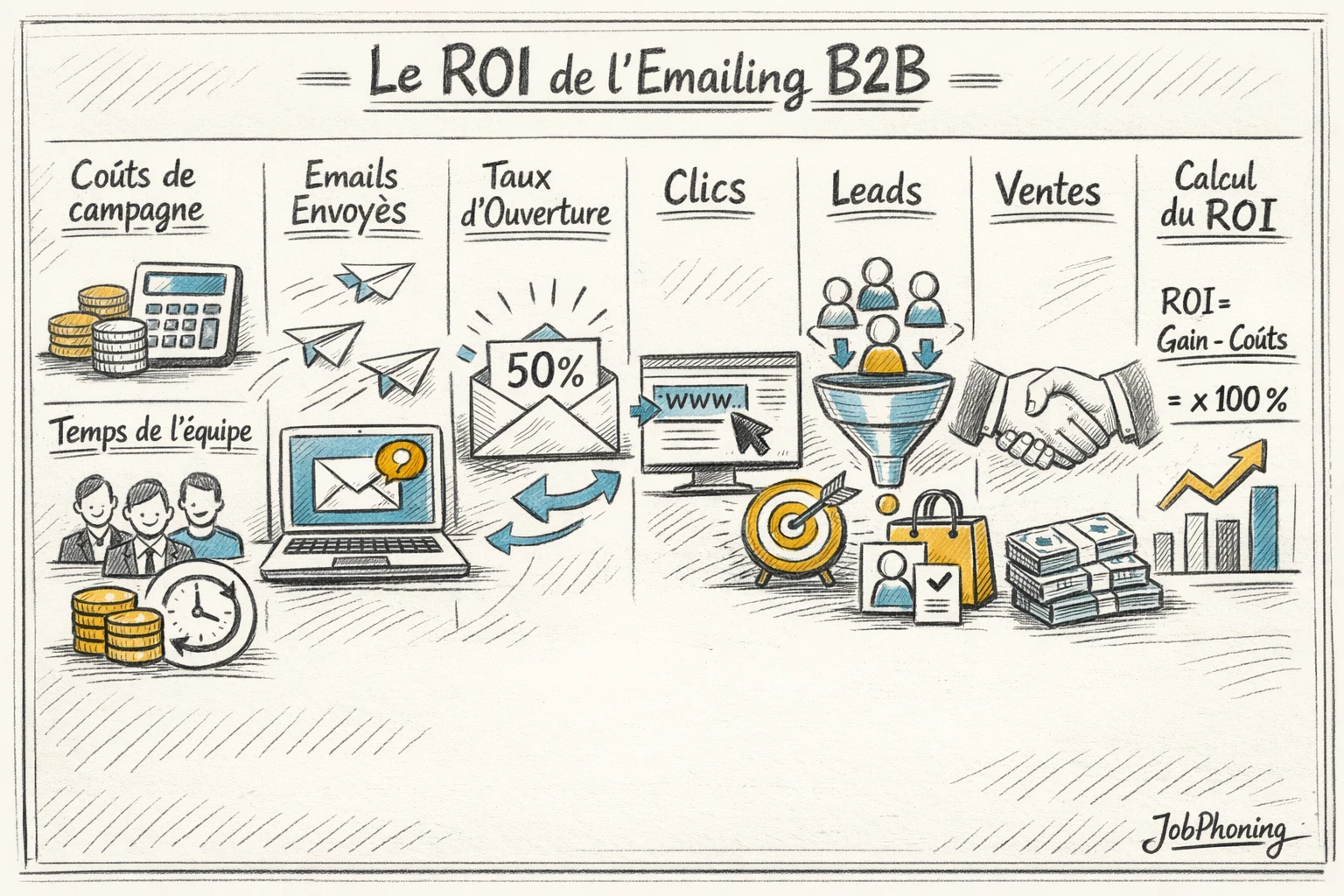 Schéma représentant le calcul du ROI emailing via flux d’étapes reliées