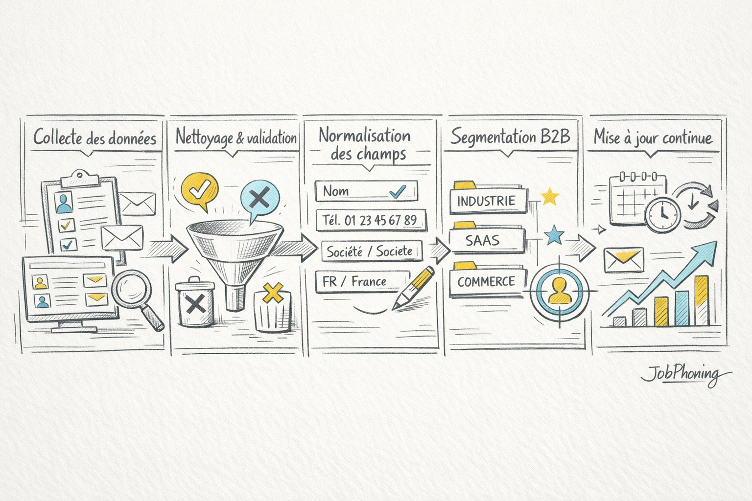 Schéma représentant la conception d’un fichier email B2B via blocs reliés et flèches séquentielles.