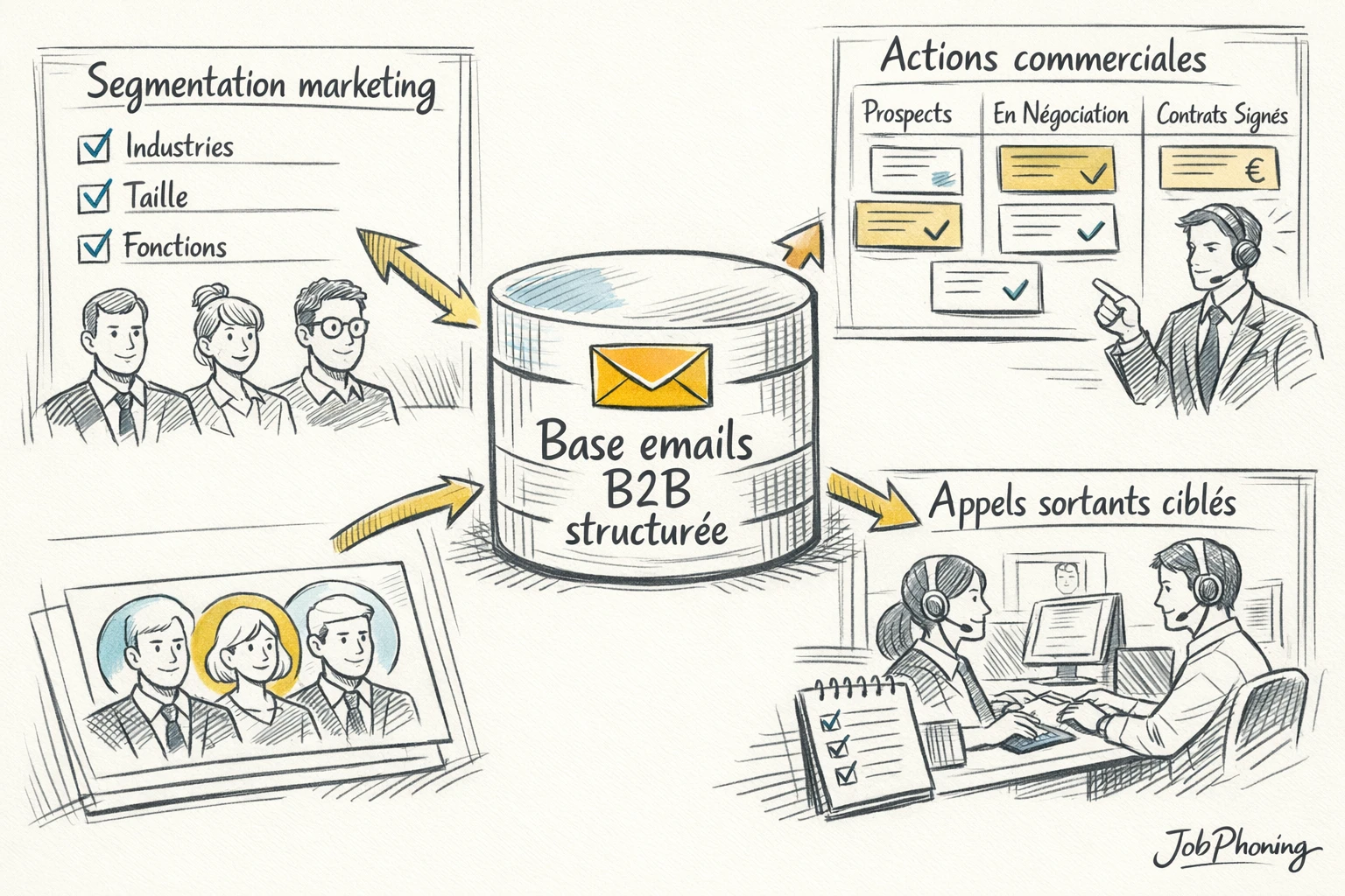 Schéma représentant une base emails centrale via un noyau bleu relié à trois blocs fonctionnels