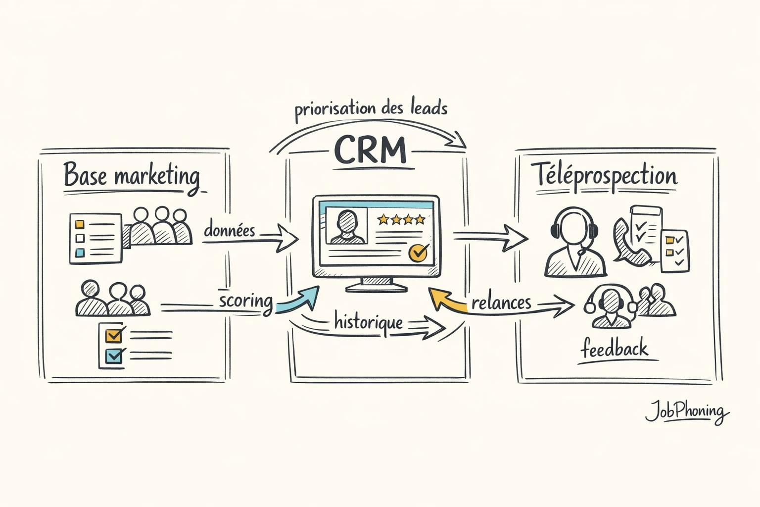 Schéma représentant la synchronisation CRM, base email et téléprospection via hub central et icônes géométriques.