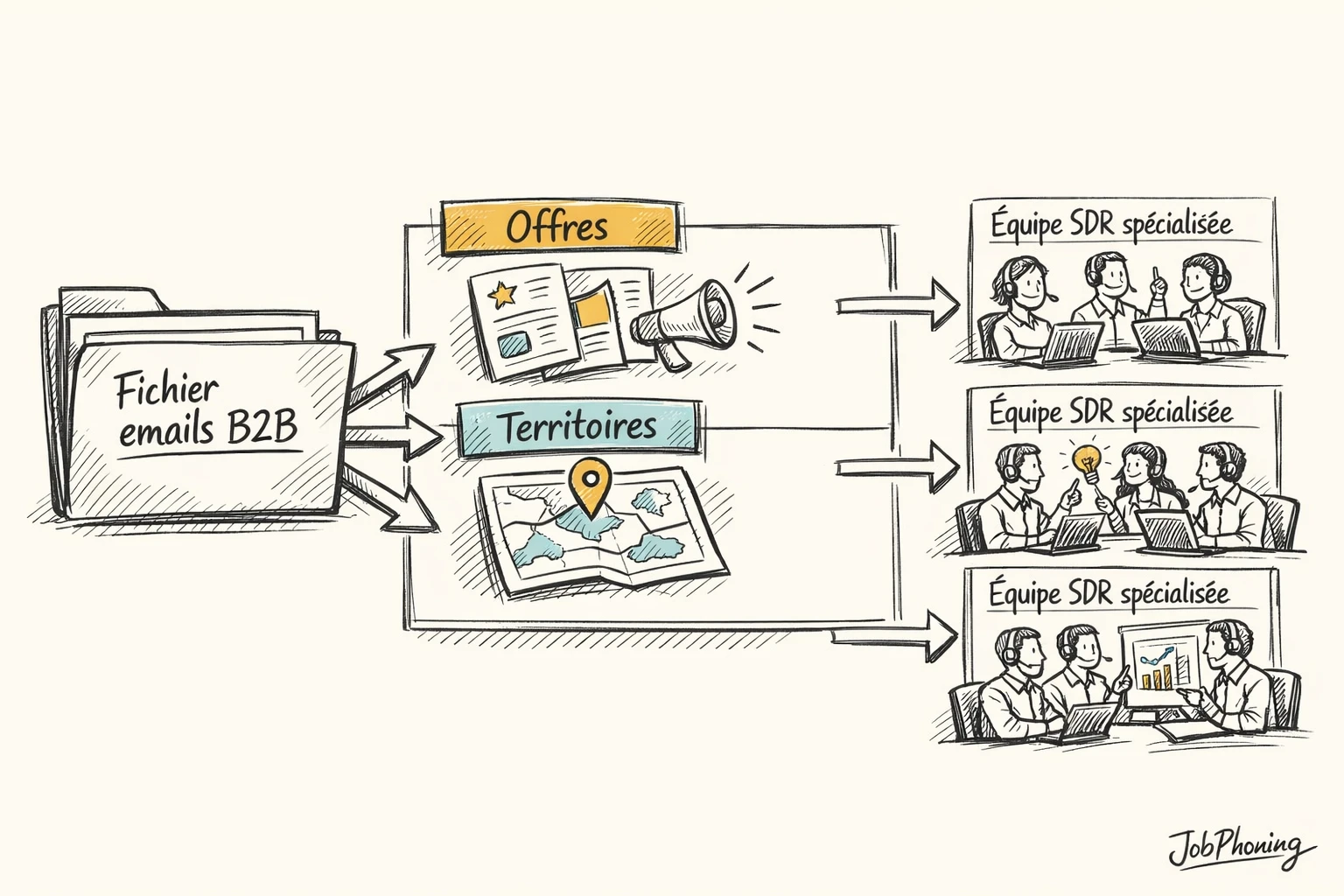 Infographie représentant divers usages d’un fichier email B2B via trois colonnes de blocs géométriques colorés.