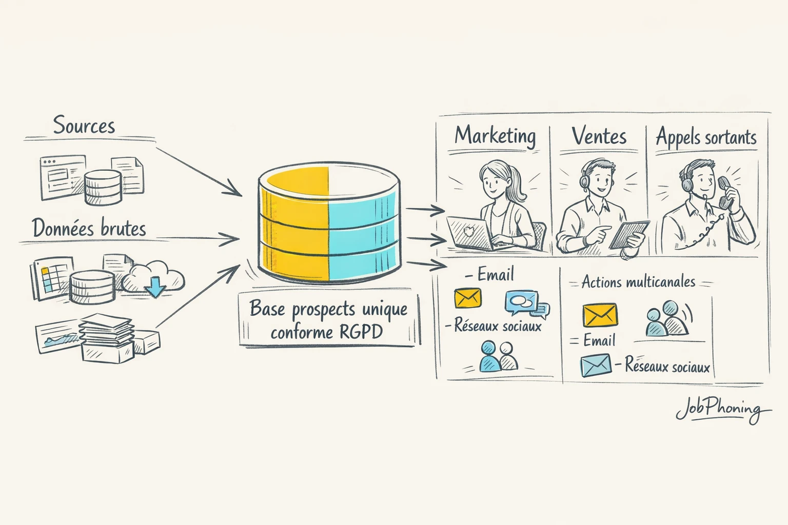 Infographie représentant la coordination des équipes autour d’une base prospects via noyau central et blocs