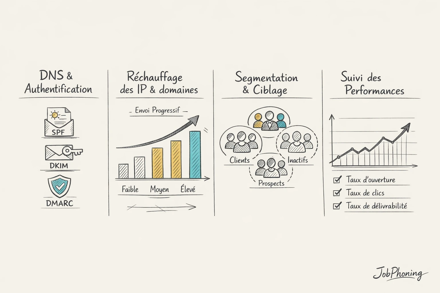 Schéma représentant la mise en conformité des envois email via blocs alignés et flèches successives