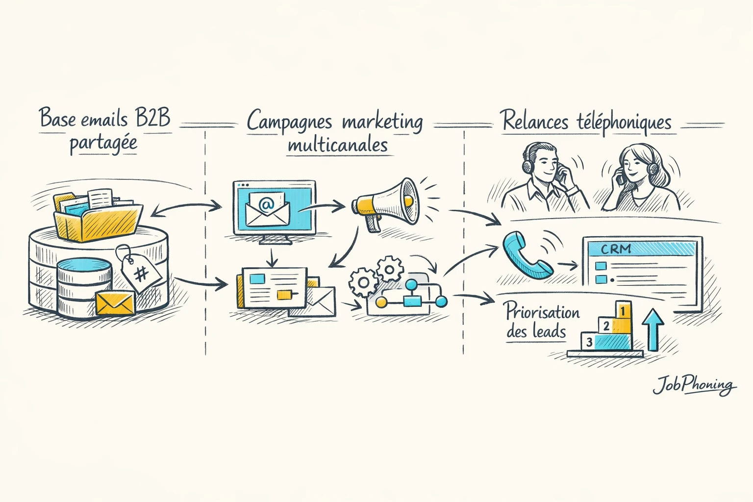 Schéma représentant la coopération marketing-vente via un hub central de données et segments de contacts