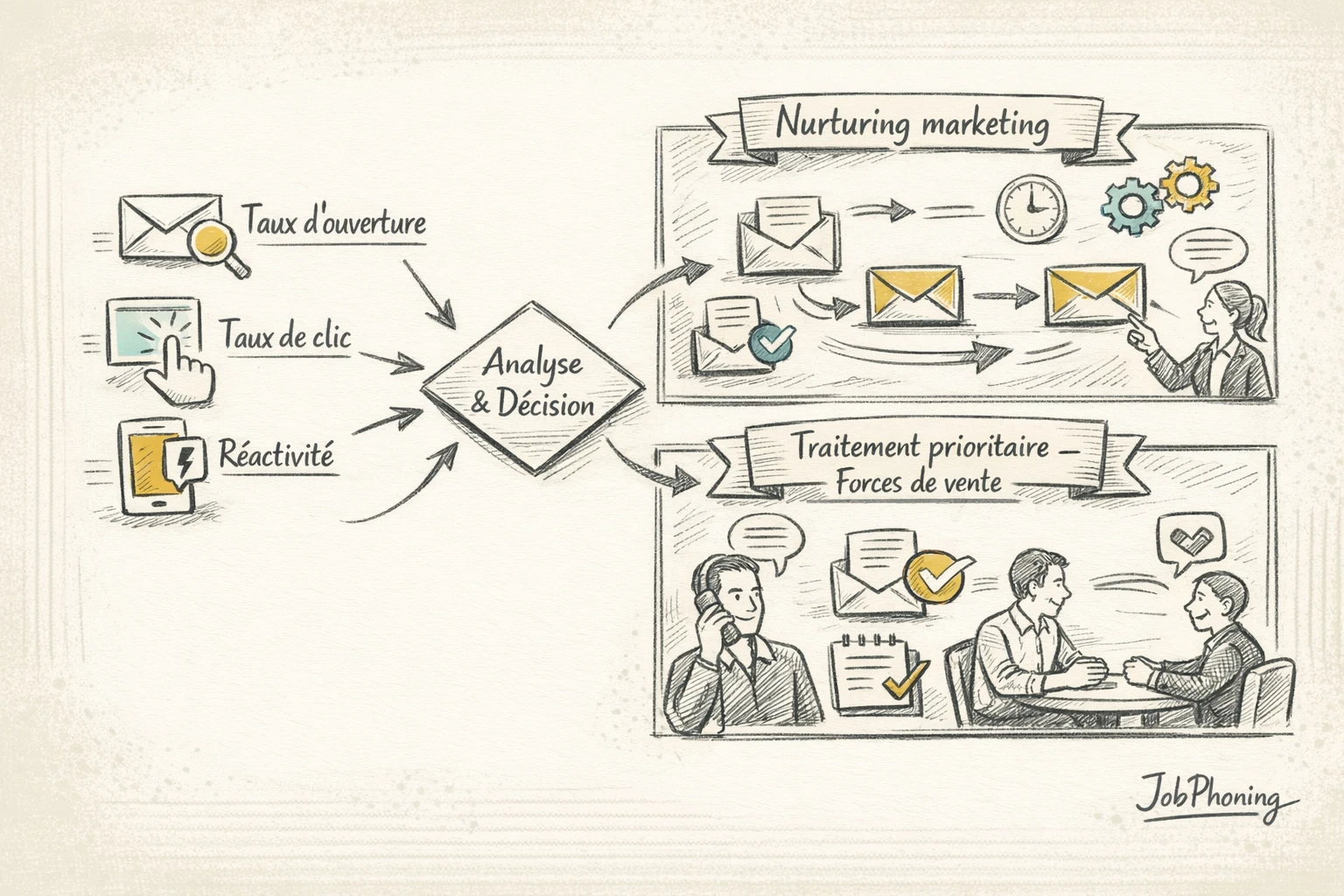 Schéma représentant la structuration des leads email via un hub central, pipelines parallèles marketing et