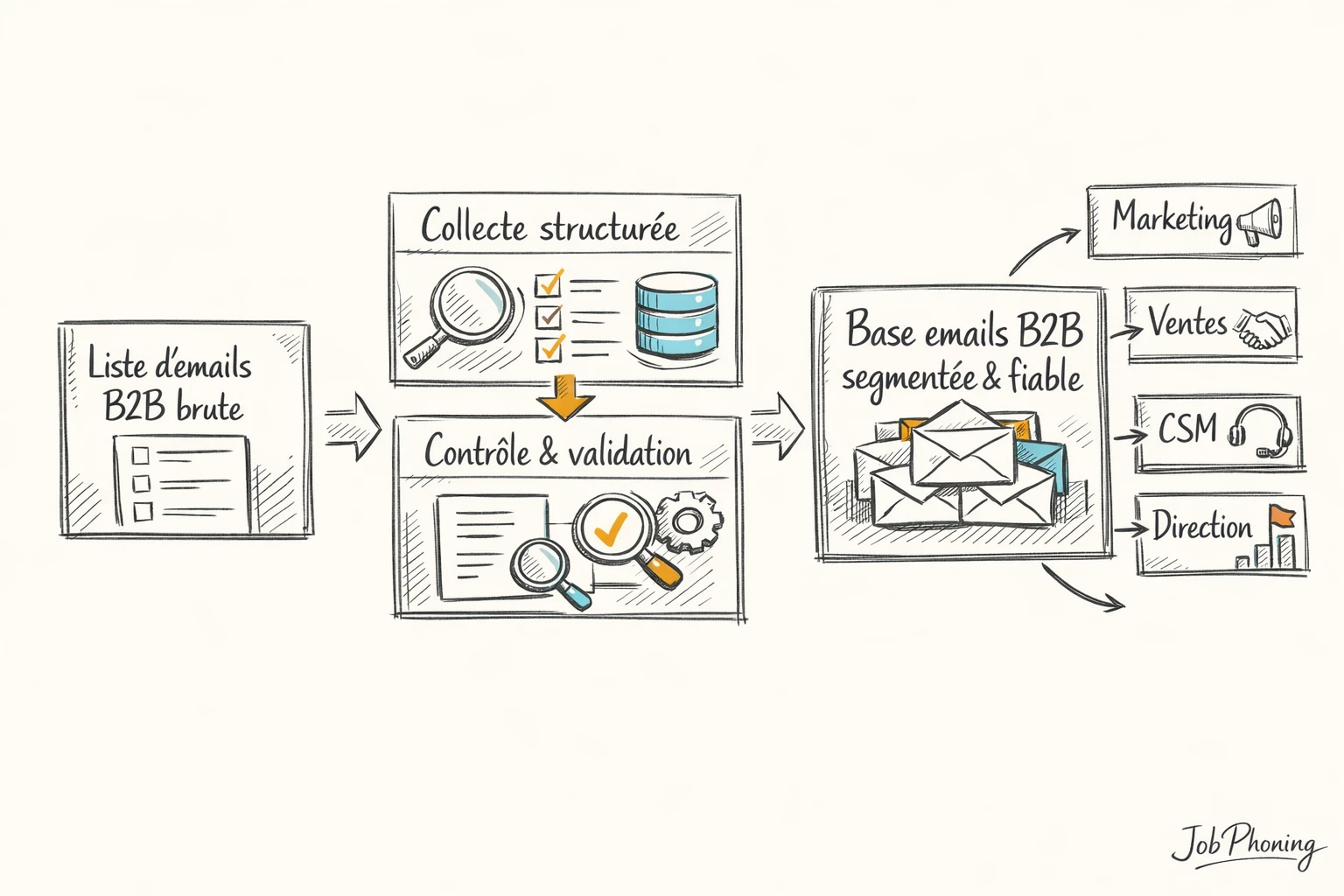 Schéma représentant un fichier email B2B structuré via blocs reliés à un grand cylindre central