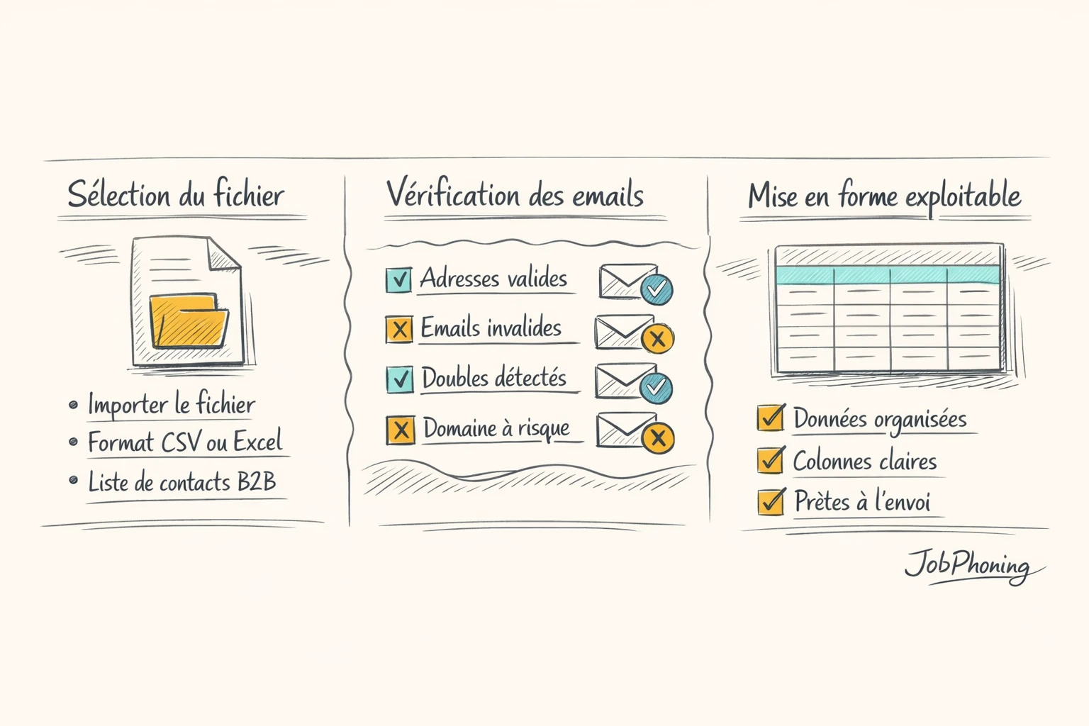 Schéma représentant la construction d’un fichier emails B2B via blocs reliés et flèches successives.
