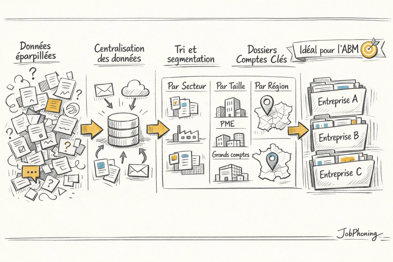 Schéma représentant la construction d’un fichier email B2B via flèches, blocs alignés et icônes d’enveloppes