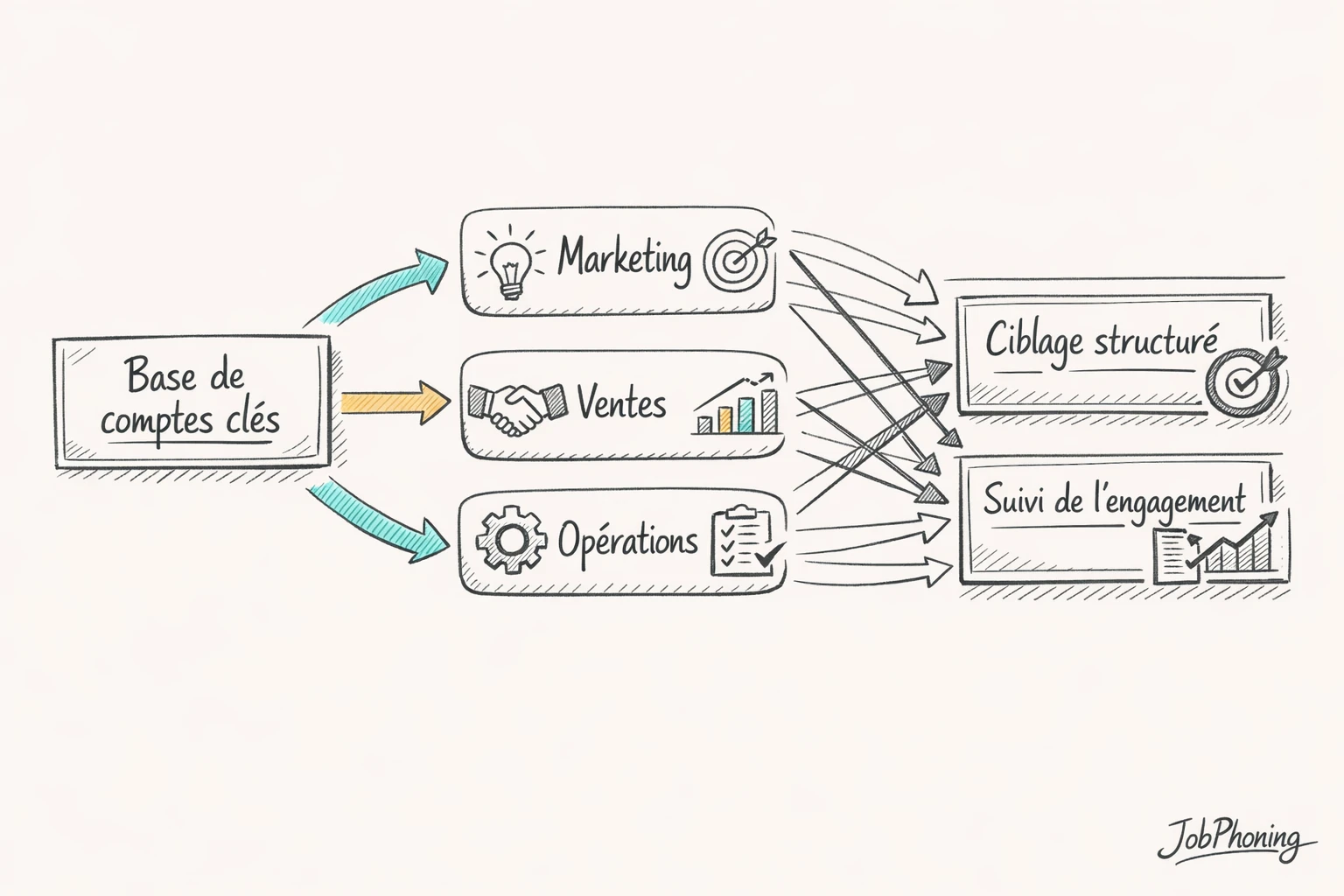Infographie représentant un pivot de comptes clés via cylindre central, groupes de blocs et flèches