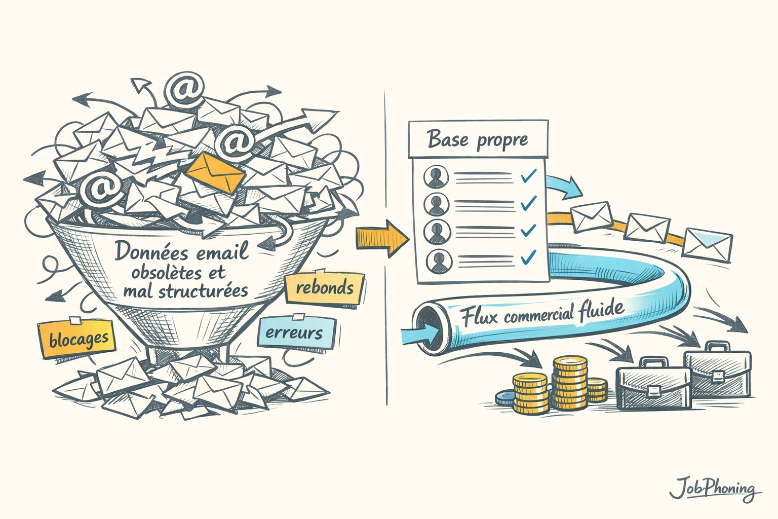 Infographie représentant la qualité des fichiers B2B via pipeline obstrué puis flux de données structurées