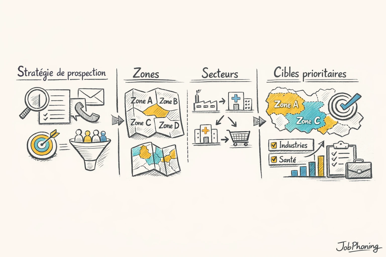Schéma représentant le ciblage commercial géographique et sectoriel via blocs reliés et flèches séquentielles