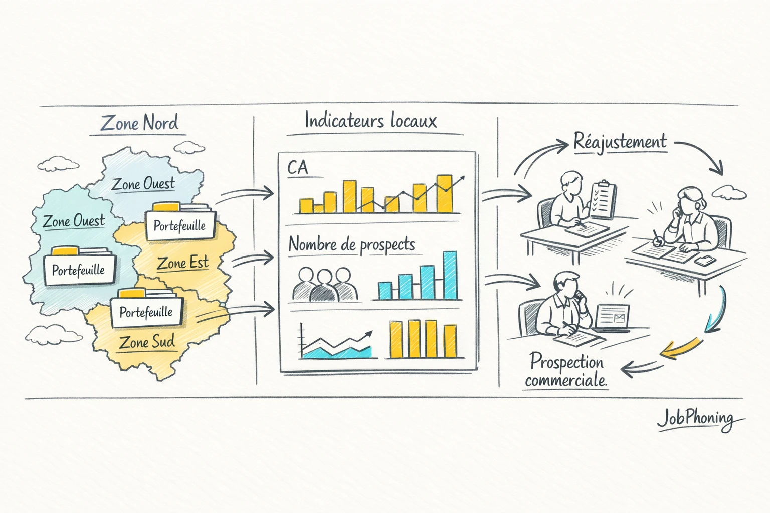 Infographie représentant le pilotage commercial structuré via base centrale, zones, secteurs et tableaux de performance