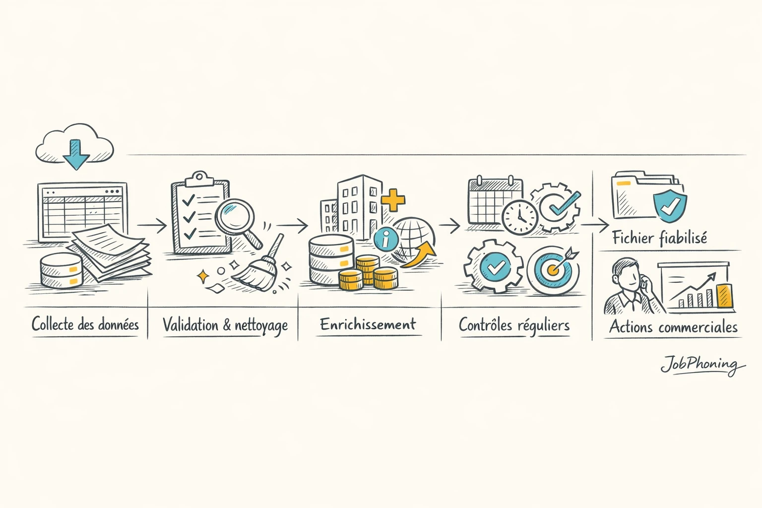 Schéma représentant la mise à jour d’un fichier entreprises via blocs successifs et flèches interconnectées.