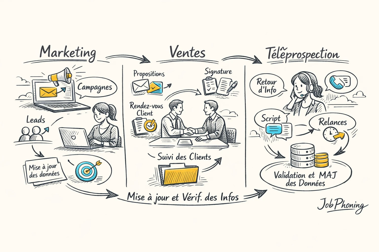 Schéma représentant la mise à jour continue des données via un noyau central relié à