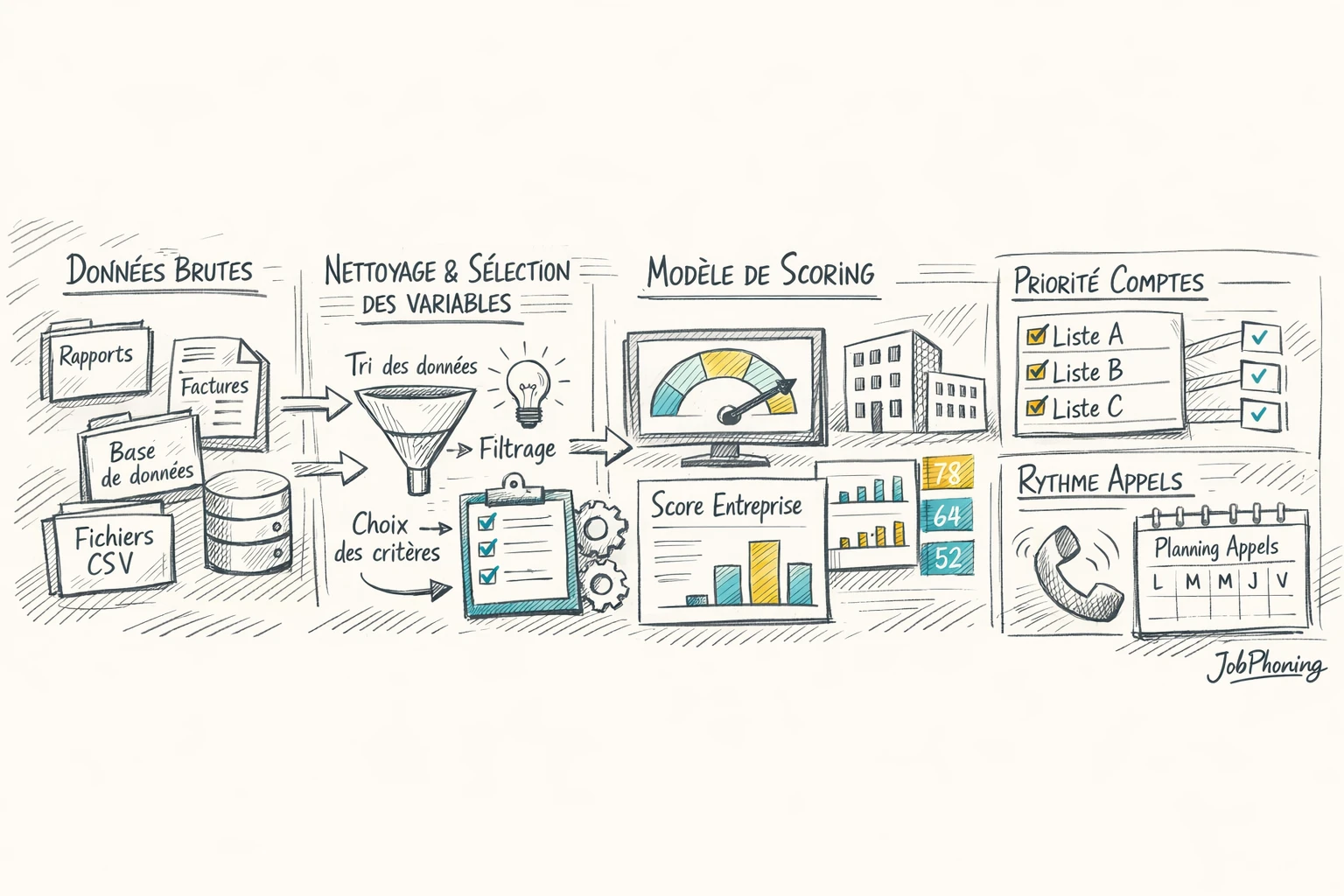 Schéma représentant un modèle de scoring B2B via rectangles reliés illustrant étapes et priorisation des