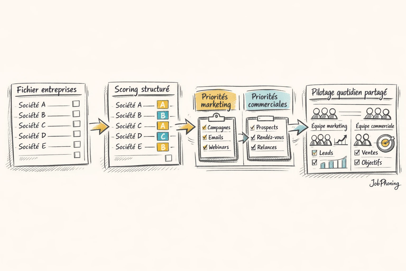 Schéma représentant l’intégration du scoring B2B via entonnoir central et blocs reliés.