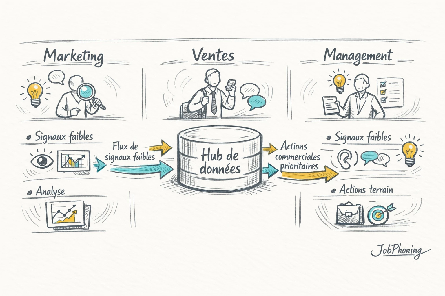 Schéma représentant l’intégration des signaux faibles via un hub central reliant marketing, ventes et management.
