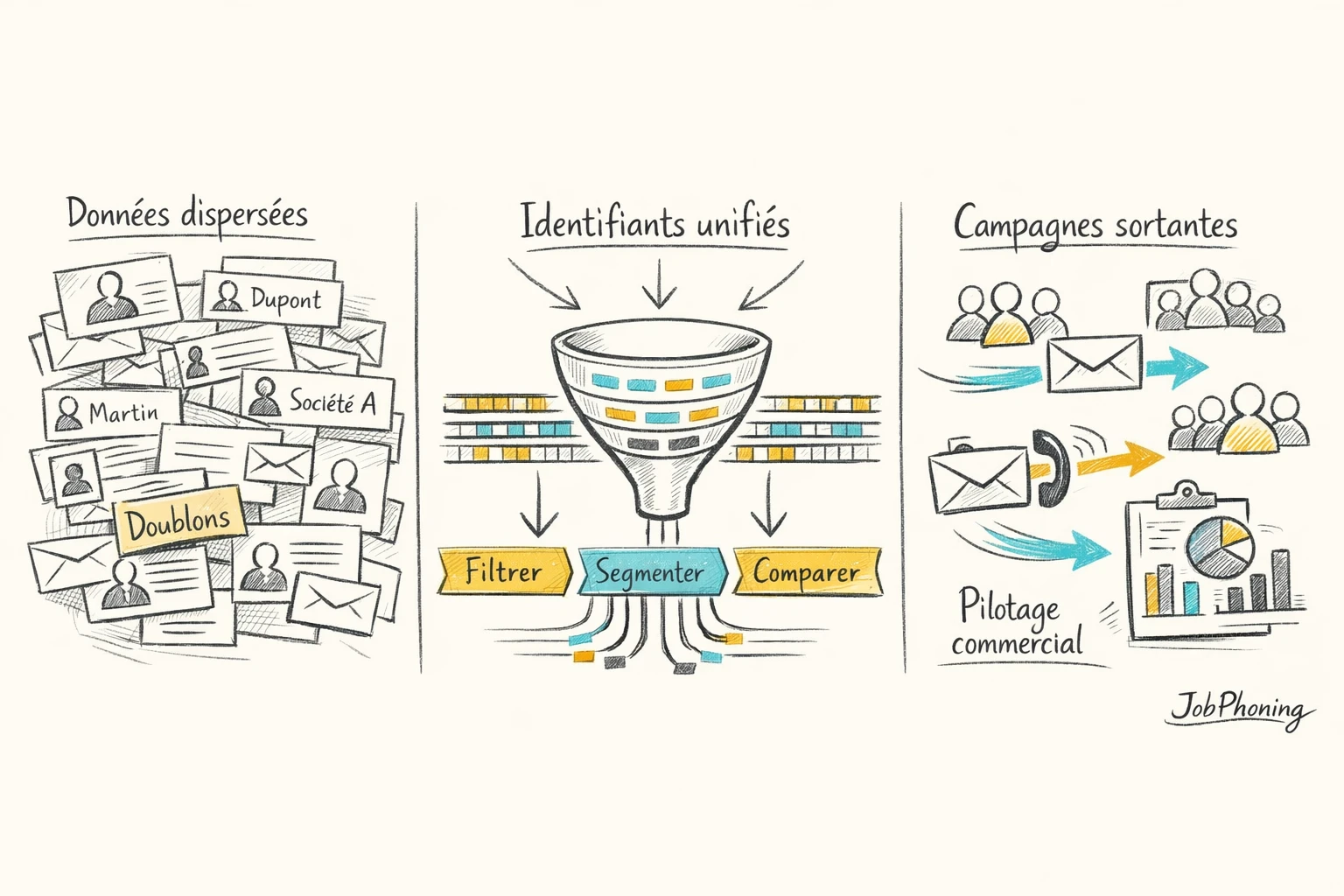 Infographie représentant la segmentation B2B via un cylindre base de données, entonnoir et blocs de