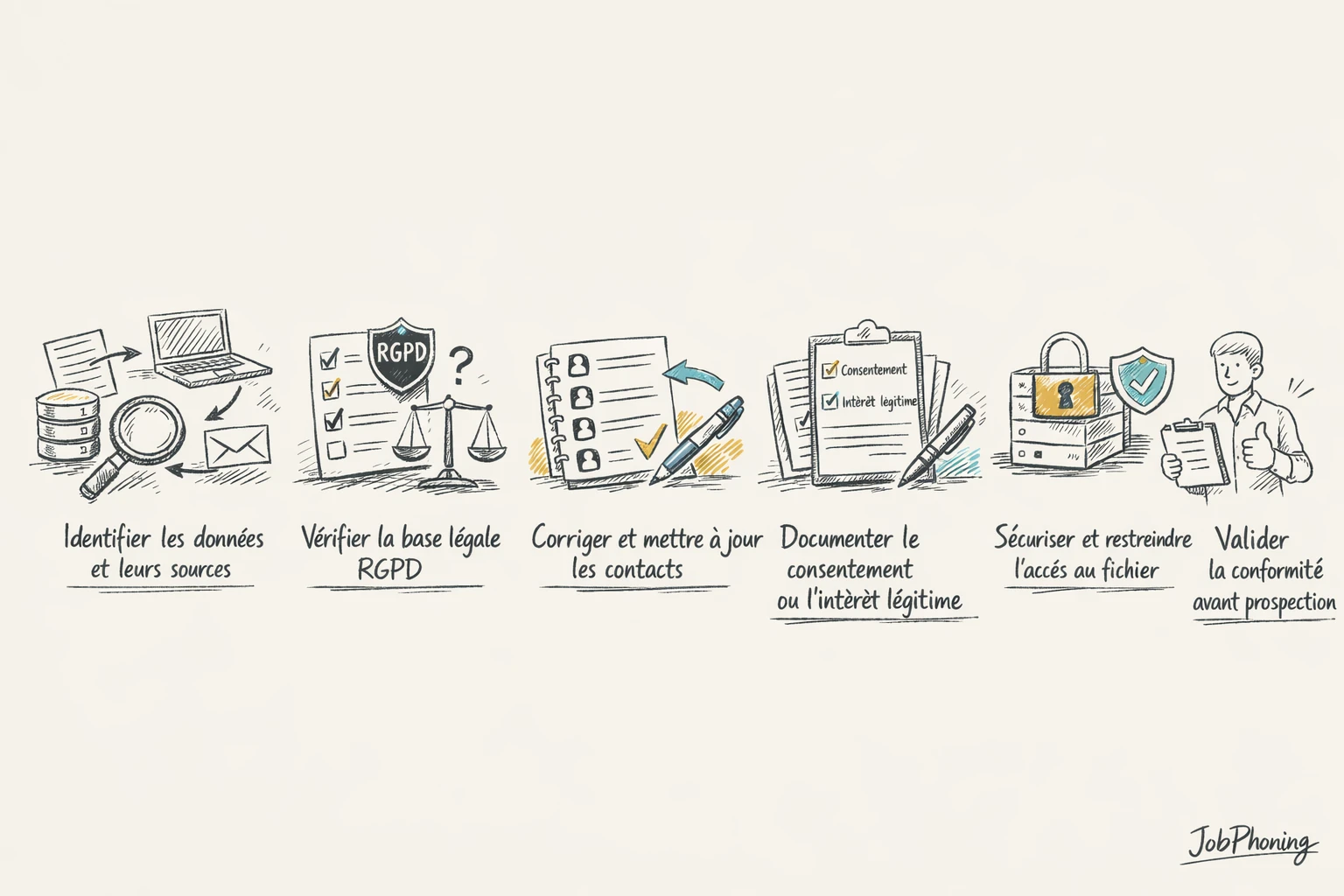 Schéma représentant l’audit RGPD d’un fichier B2B via blocs reliés et flèches successives