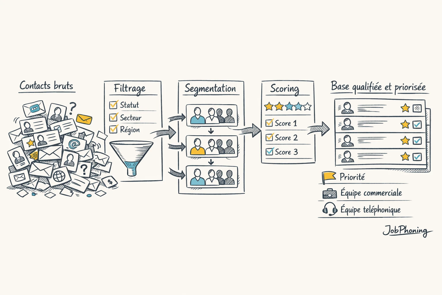 Schéma représentant la construction d’une base de prospection ICP via blocs reliés et flèches successives