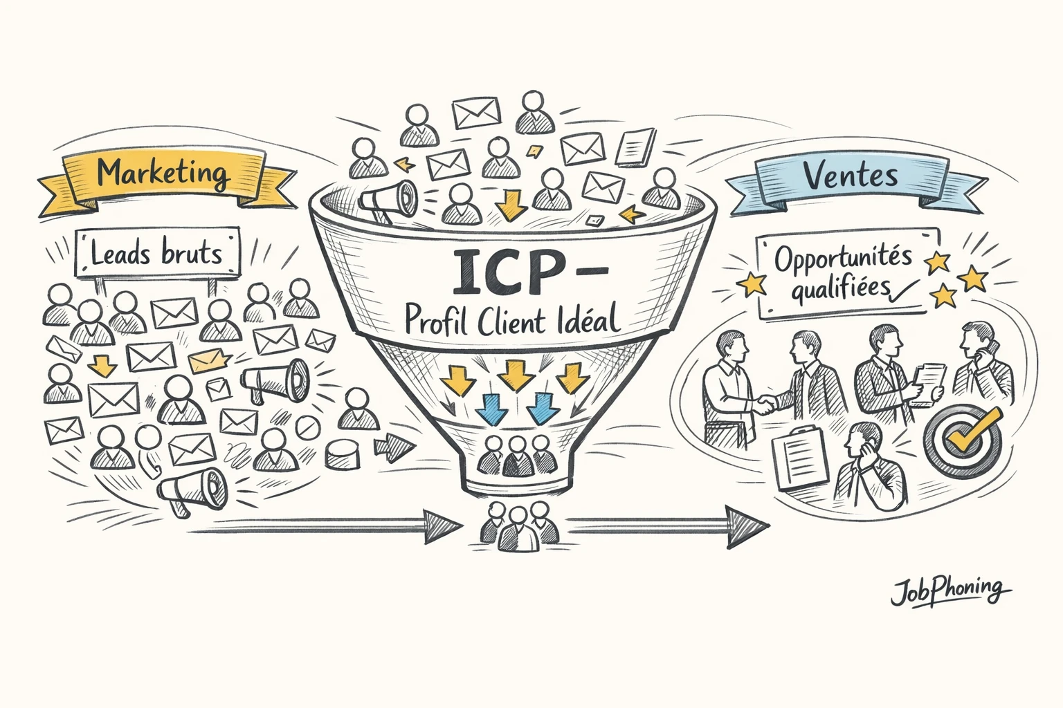 Schéma représentant la structuration de la prospection B2B via entonnoir central, blocs marketing et nœuds