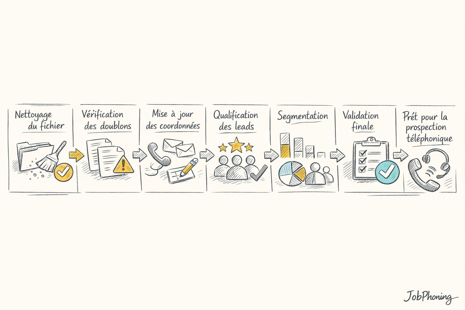 Schéma représentant le contrôle d’un fichier prospects B2B via étapes successives et flèches reliées.