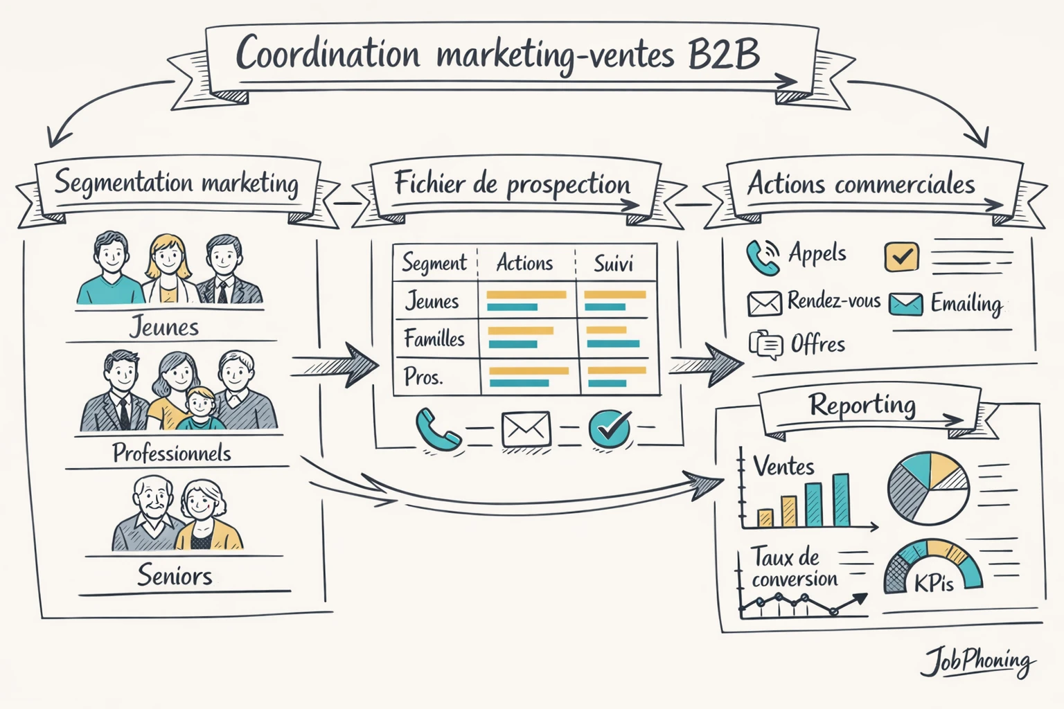 Schéma représentant la coordination marketing‑ventes via un hub central, segments, funnel et pipeline interconnectés.