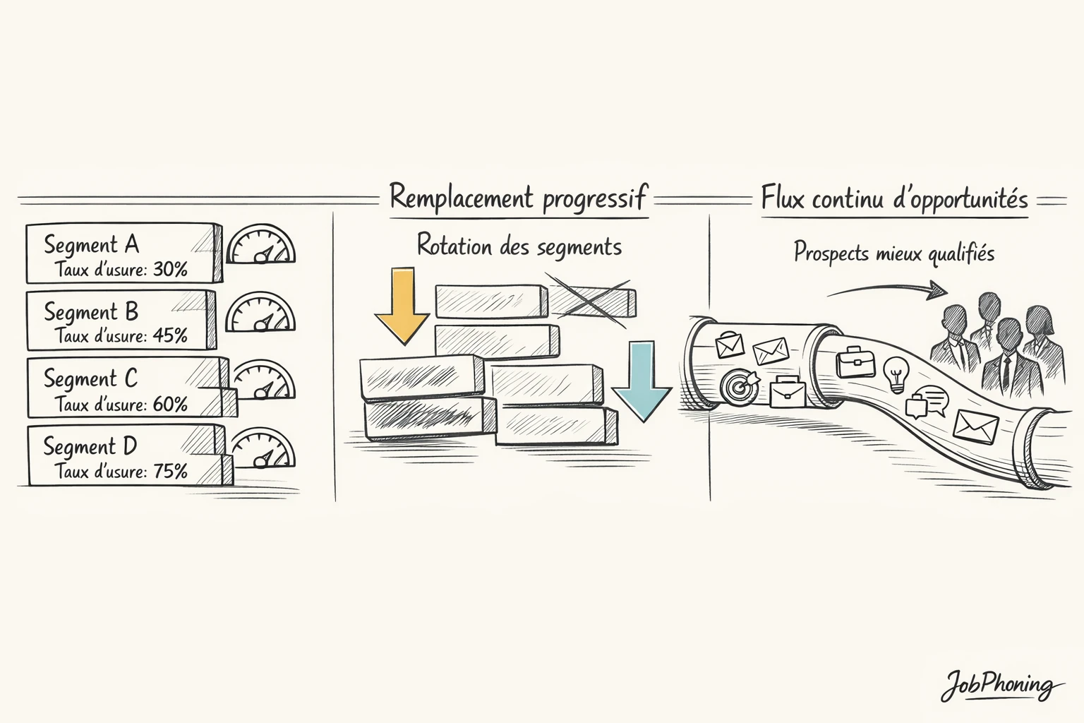 Schéma représentant la rotation progressive d’un fichier prospects via blocs, flèches et segments de base