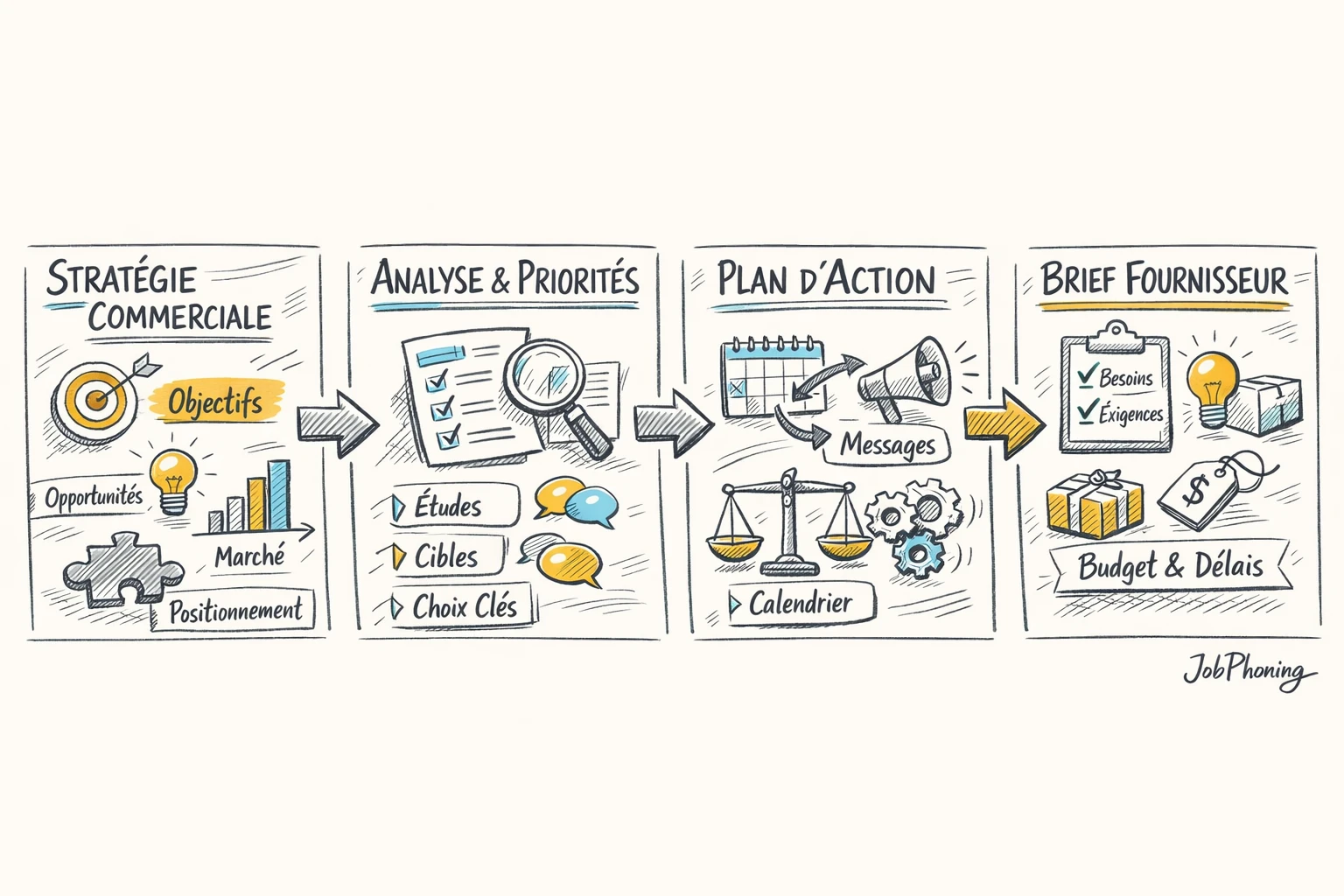 Schéma représentant la préparation d’un brief fournisseur via étapes séquencées et flèches minimalistes.