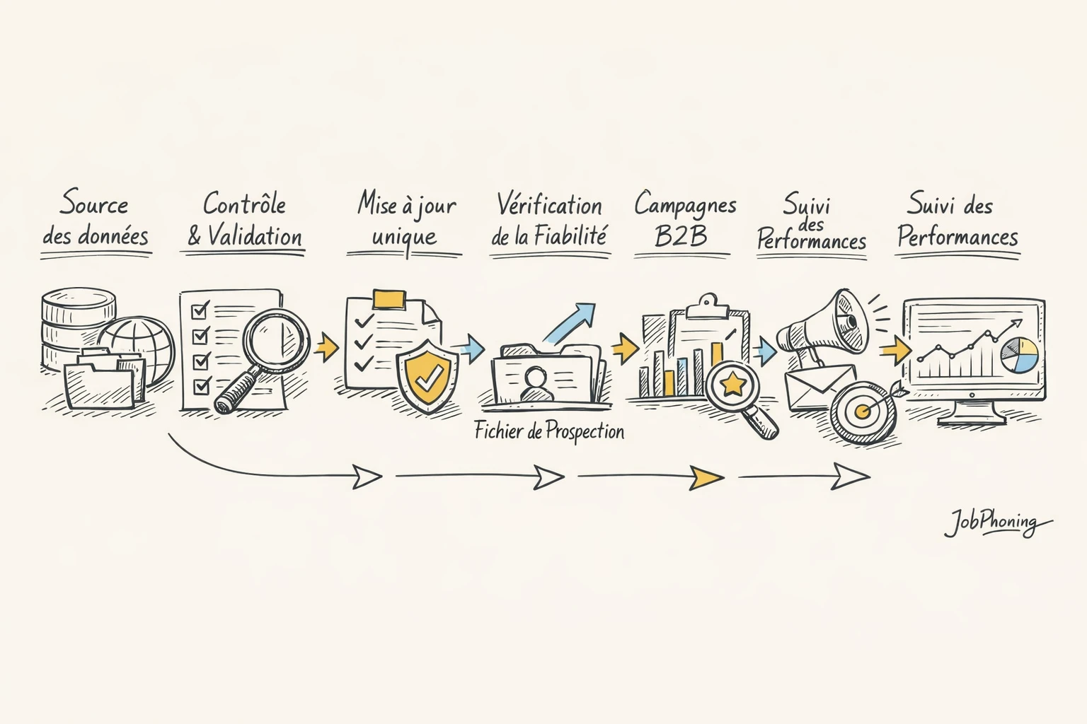 Schéma représentant la sécurisation des mises à jour CRM via blocs reliés et flèches séquentielles