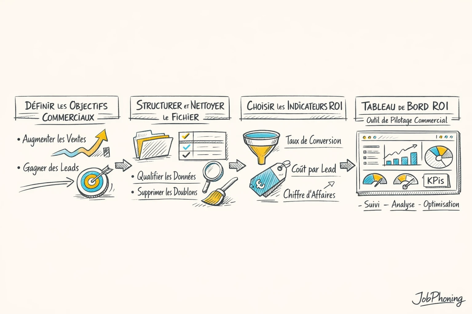 Schéma représentant la construction d’un tableau de bord ROI via flowchart rectangulaire bleu et jaune