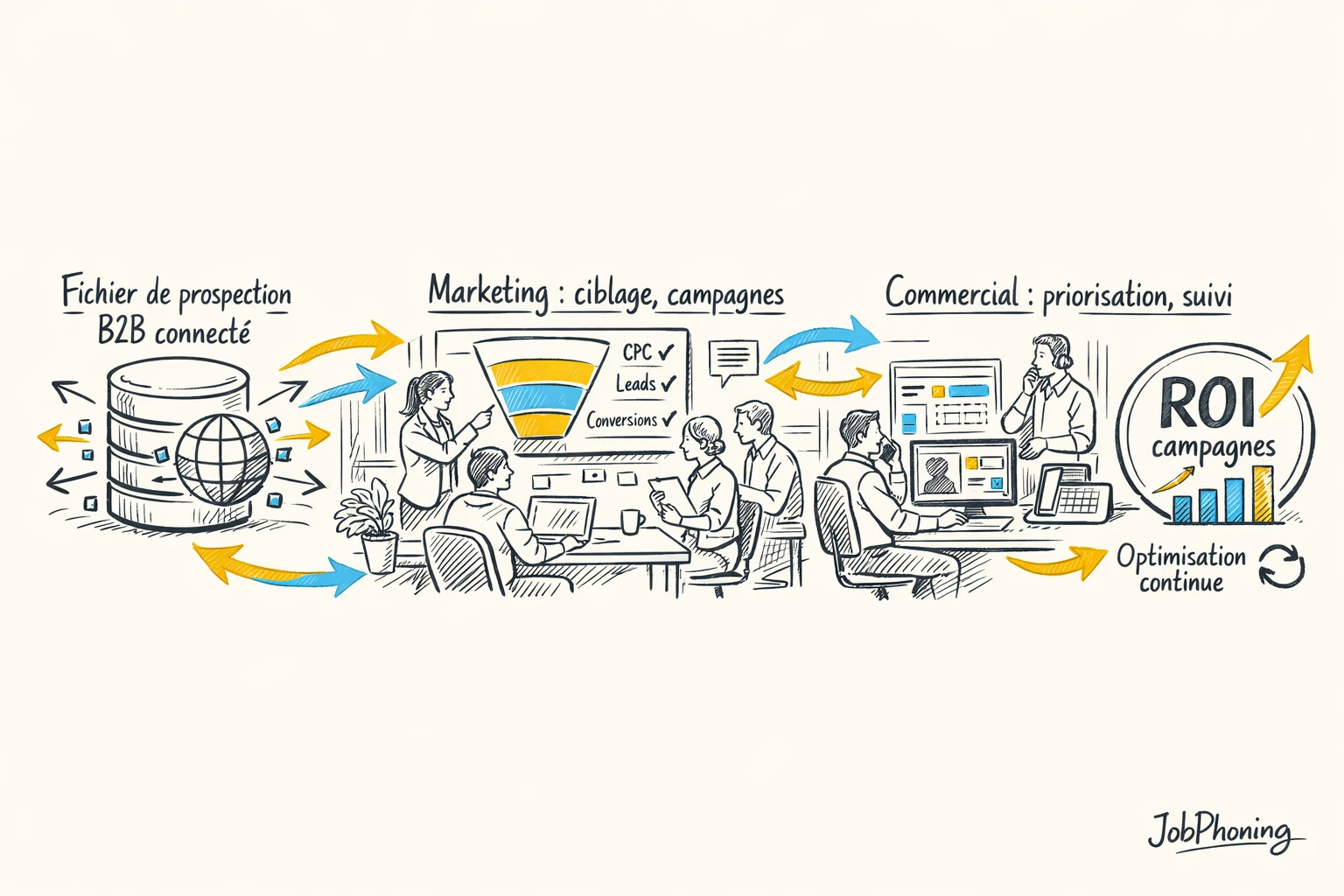 Schéma représentant l’impact d’une base de prospection structurée via hub central, blocs marketing, ventes et