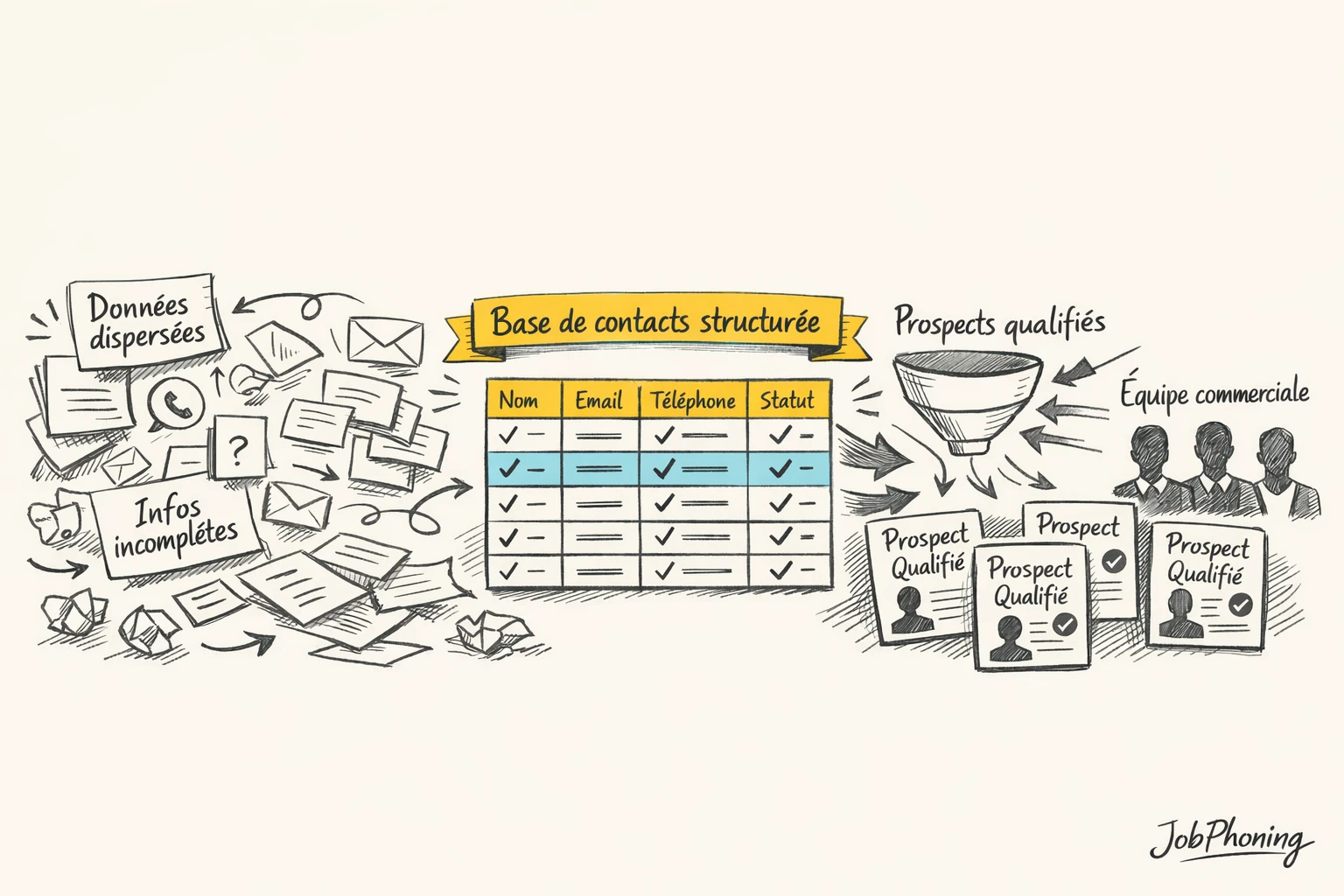 Illustration de la qualification d'un fichier de prospection B2B : données vérifiées et organisées avant livraison