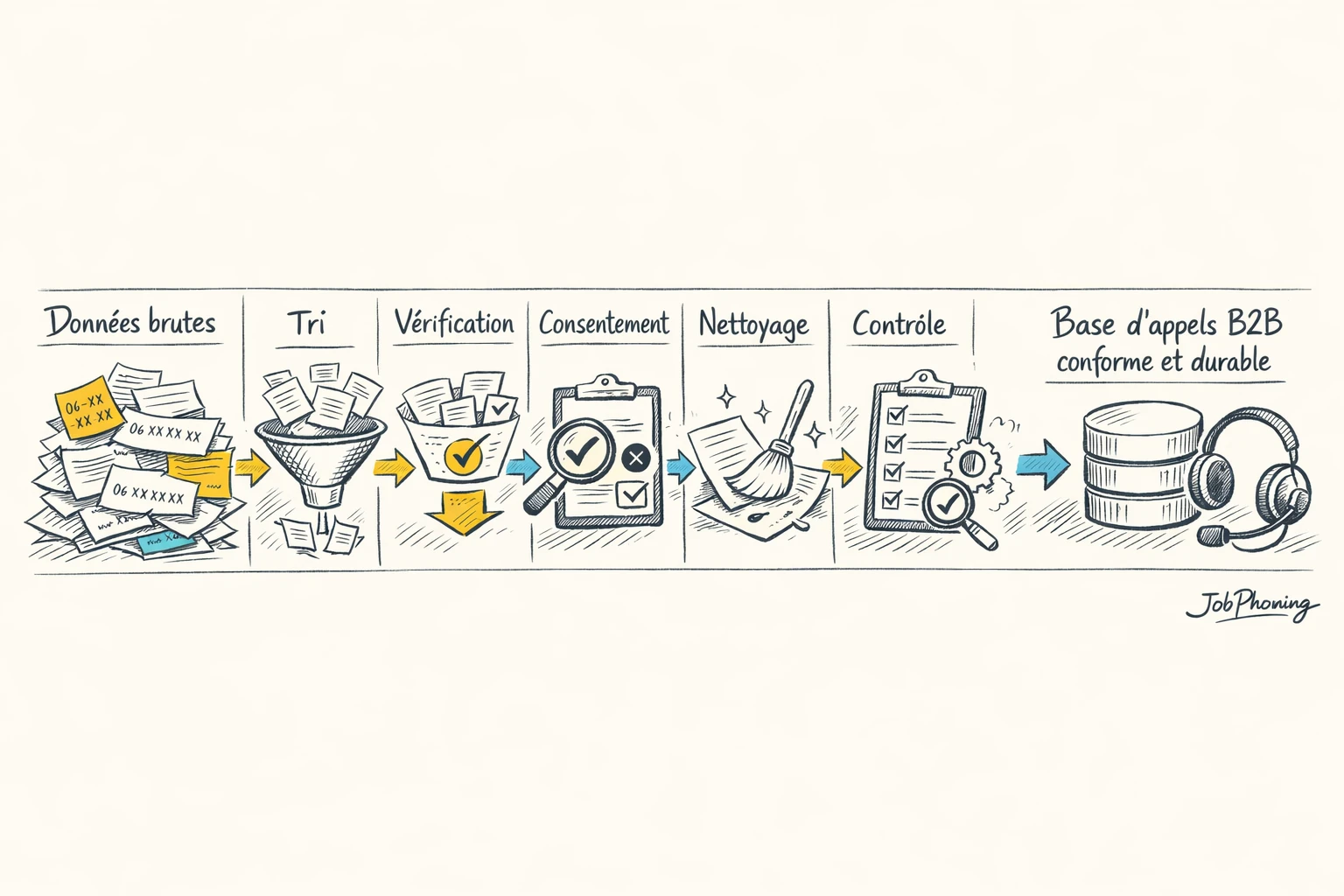 Schéma représentant la structuration d’un fichier téléphonique B2B via étapes séquencées en blocs reliés par