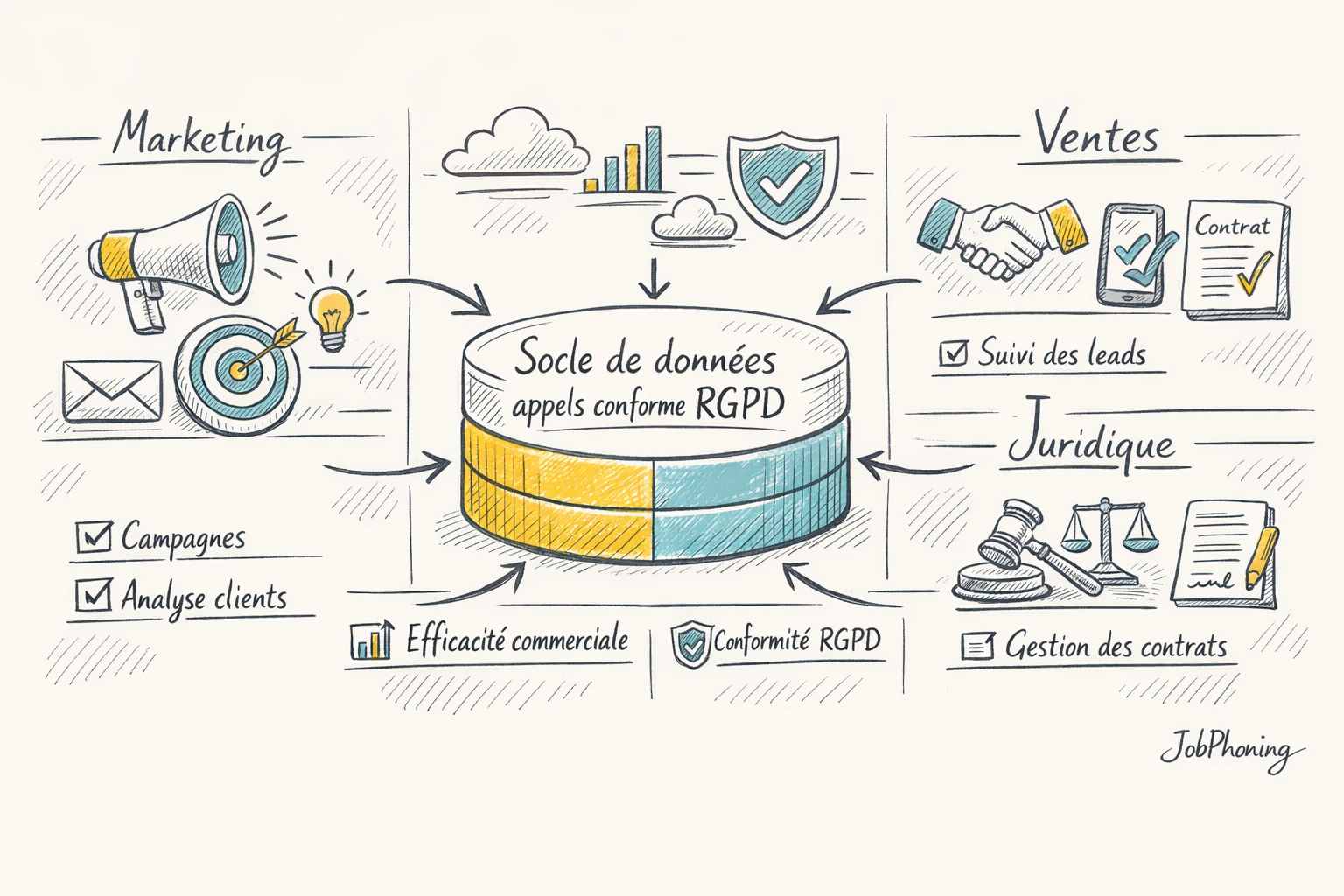 Schéma représentant la collaboration marketing, commercial et juridique via un hub central protégé et trois