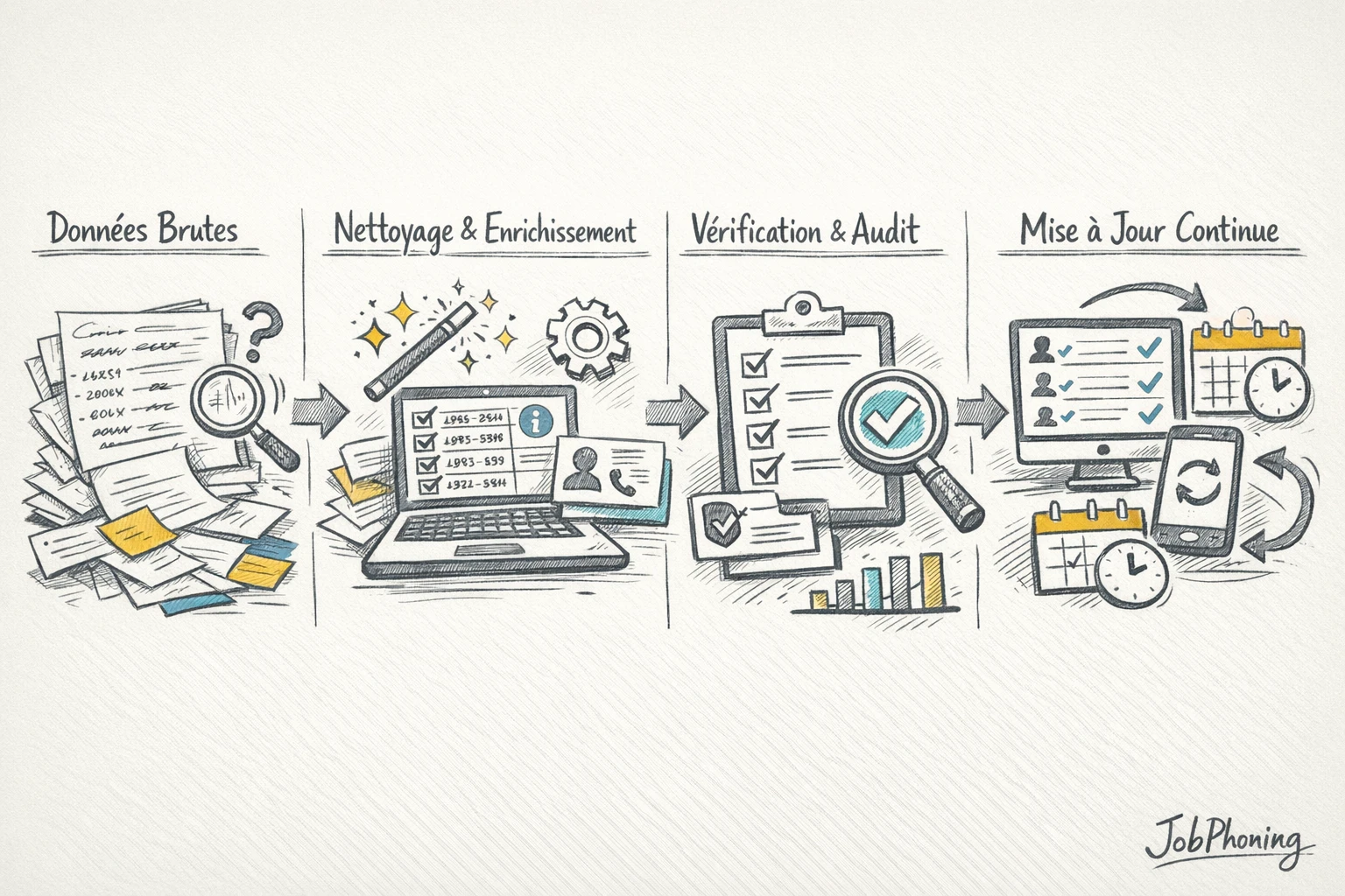 Schéma représentant l’audit d’un fichier téléphonique B2B via enchaînement de blocs reliés par des flèches.