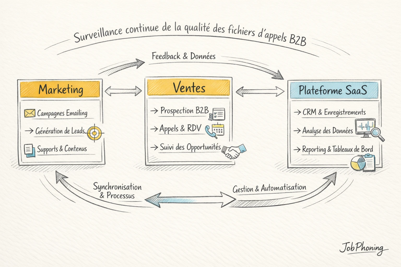 Schéma représentant la gouvernance qualité des données téléphoniques B2B via hub central et blocs connectés.