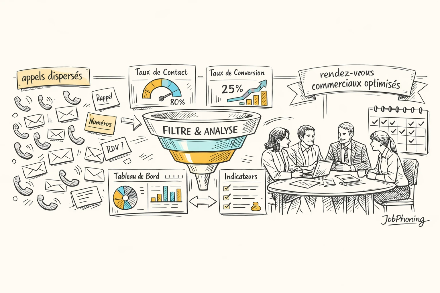 Schéma représentant le suivi des appels B2B via flèches, blocs et tableaux stylisés