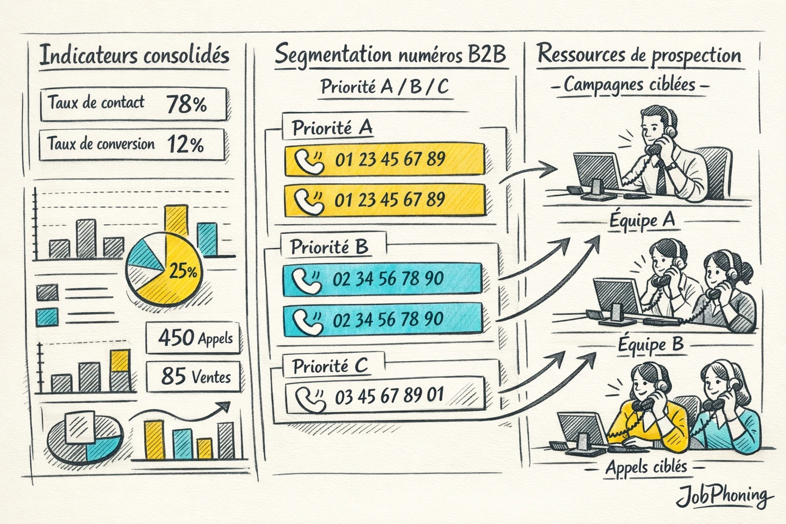 Infographie représentant l’usage d’indicateurs d’appels B2B via tableau central et trois segments téléphoniques reliés.