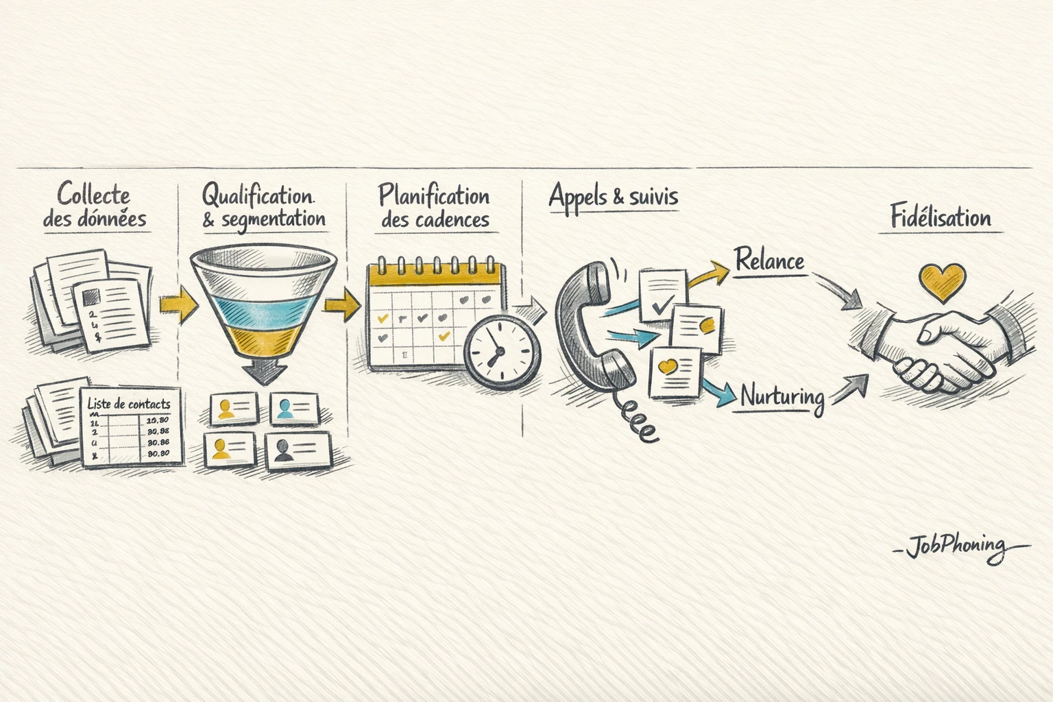Schéma représentant la structuration d’un fichier téléphonique B2B via blocs reliés et flèches directionnelles colorées.