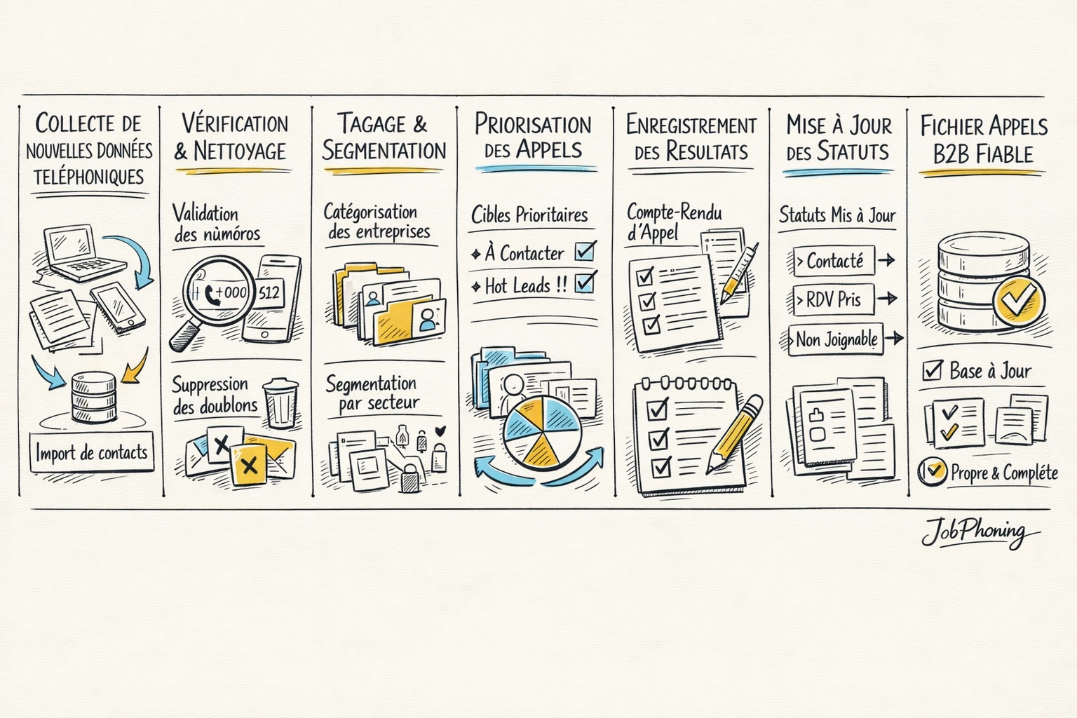 Schéma représentant un processus quotidien de mise à jour de base téléphonique via blocs alignés